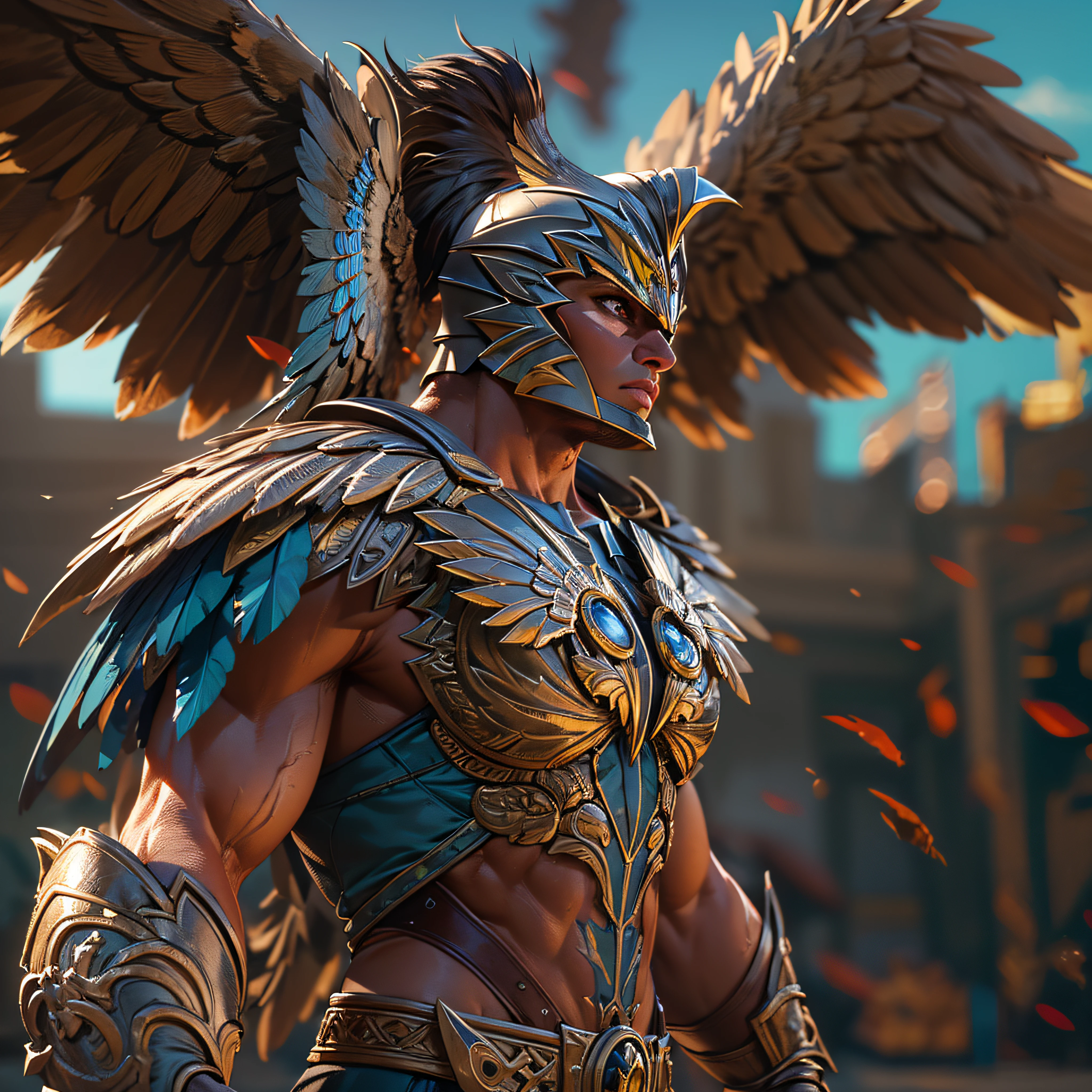 Gladiator fighter Hawkman. huge brown wings. intricate, hypermaximalist, elegant, hyper realistic, epic high details,full details,high resolution,dynamic slightblue lighting,rendering,realism,Photo-realistic, ultra realistic, octane render, unreal engine, hyper detailed, volumetric lighting, 8k reality, cinematic