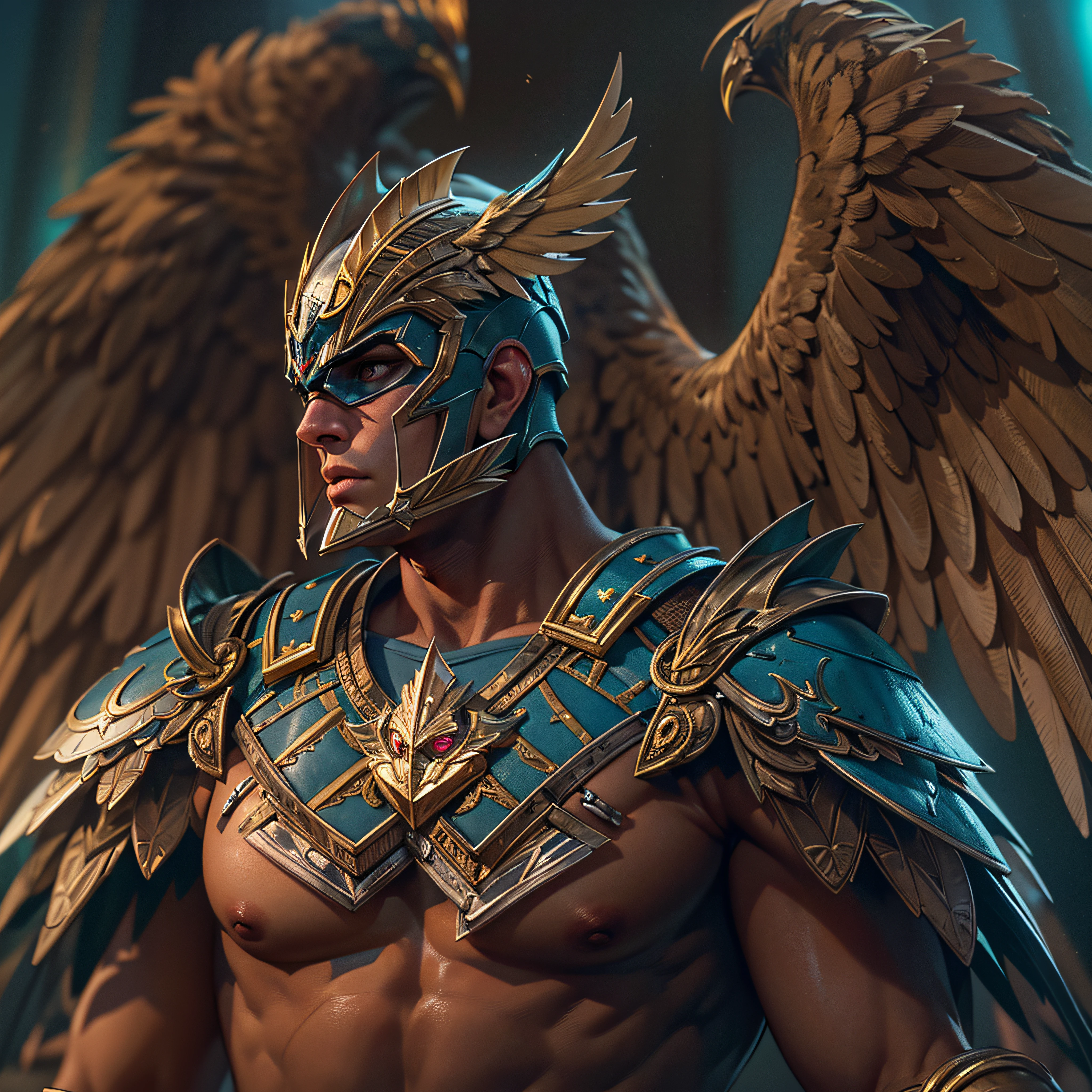 Gladiator fighter Hawkman. huge brown wings. intricate, hypermaximalist, elegant, hyper realistic, epic high details,full details,high resolution,dynamic slightblue lighting,rendering,realism,Photo-realistic, ultra realistic, octane render, unreal engine, hyper detailed, volumetric lighting, 8k reality, cinematic