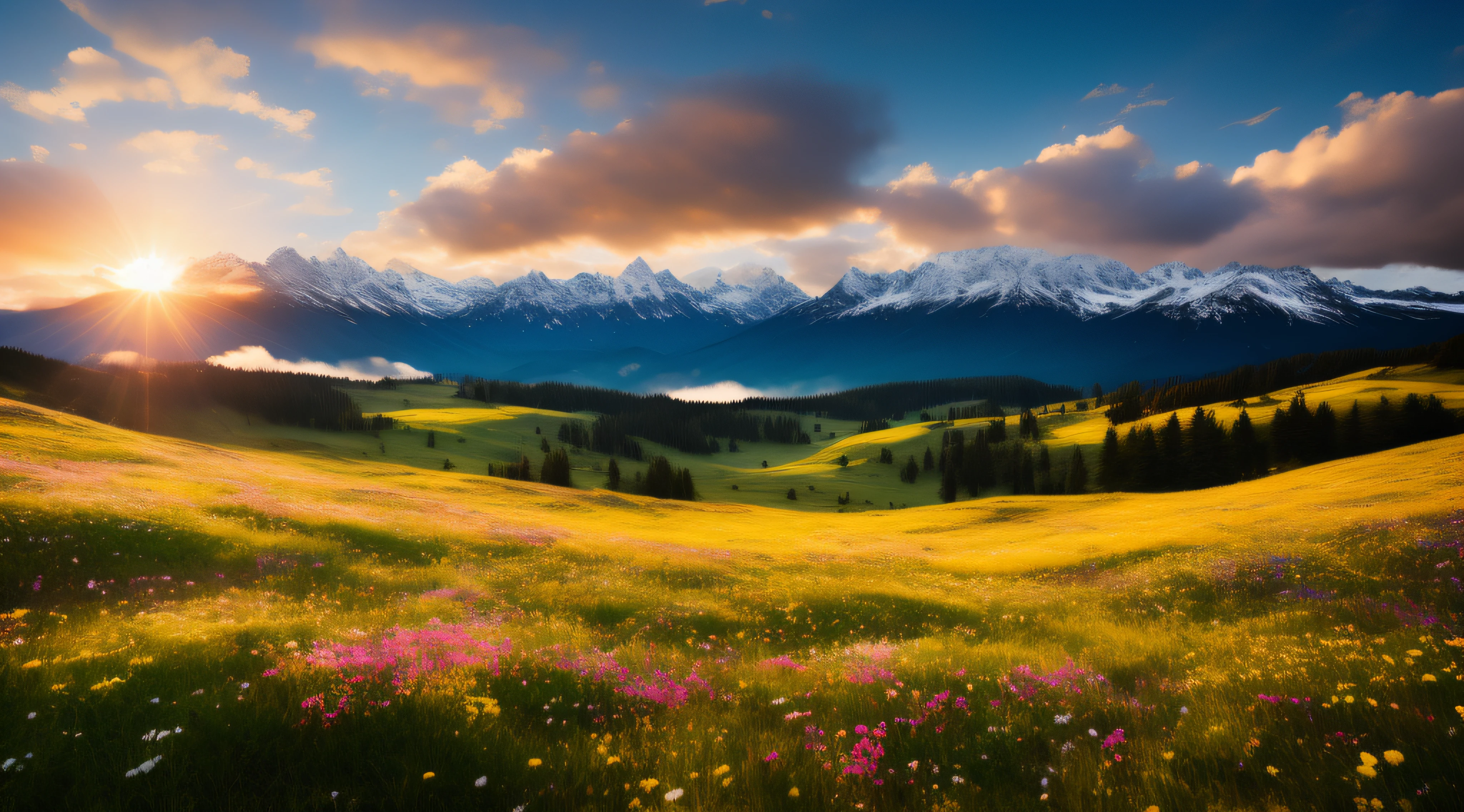 mountain landscape with a meadow, wildflowers, distant snow-capped mountains, sea of clouds, sky, large spreading clouds, sunset, light penetrating the clouds to the ground, wide-angle lens shot