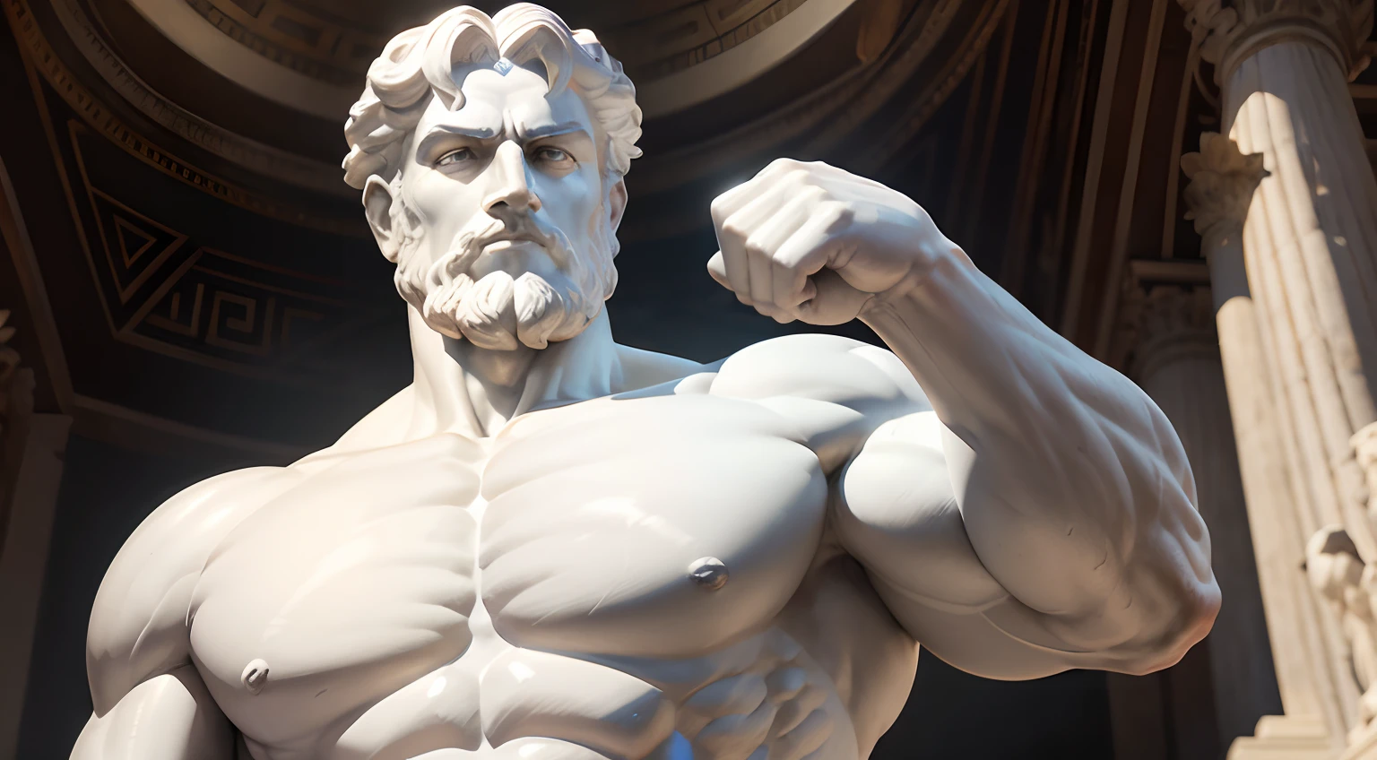 "Greek stoic statue man with a strong and robust body, similar to the ancient statue of the philosopher Seneca, White and silver statue, Statue of white eyes and bronze."