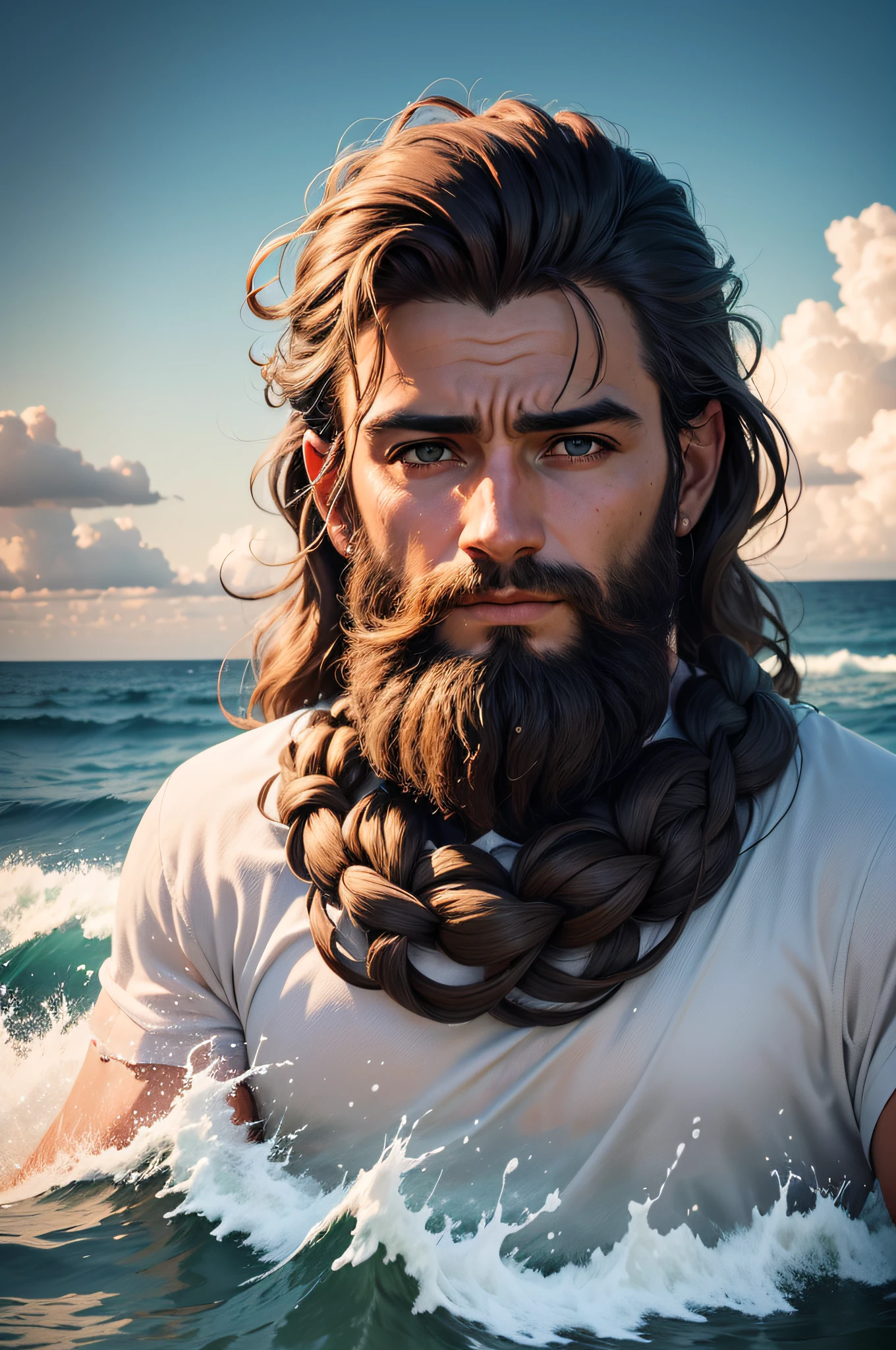 Um close up de um homem parado em frente a um mar que se separa,grandes ondas podem ser vistas, Deus do Oceano, O Deus do Mar, Tormento e ondas, moses, Erguendo-se do oceano,standing in a maelstrom, prophetic art, epic biblical representation, agitation,altamente detalhado,cinemactic