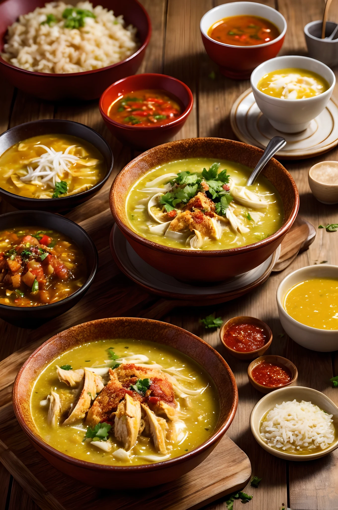 food, a bowl of soto ayam with chili sauces, rice, wooden table, yellow soup, hot steam, volumetric, rim lighting, soft focus, blurry background