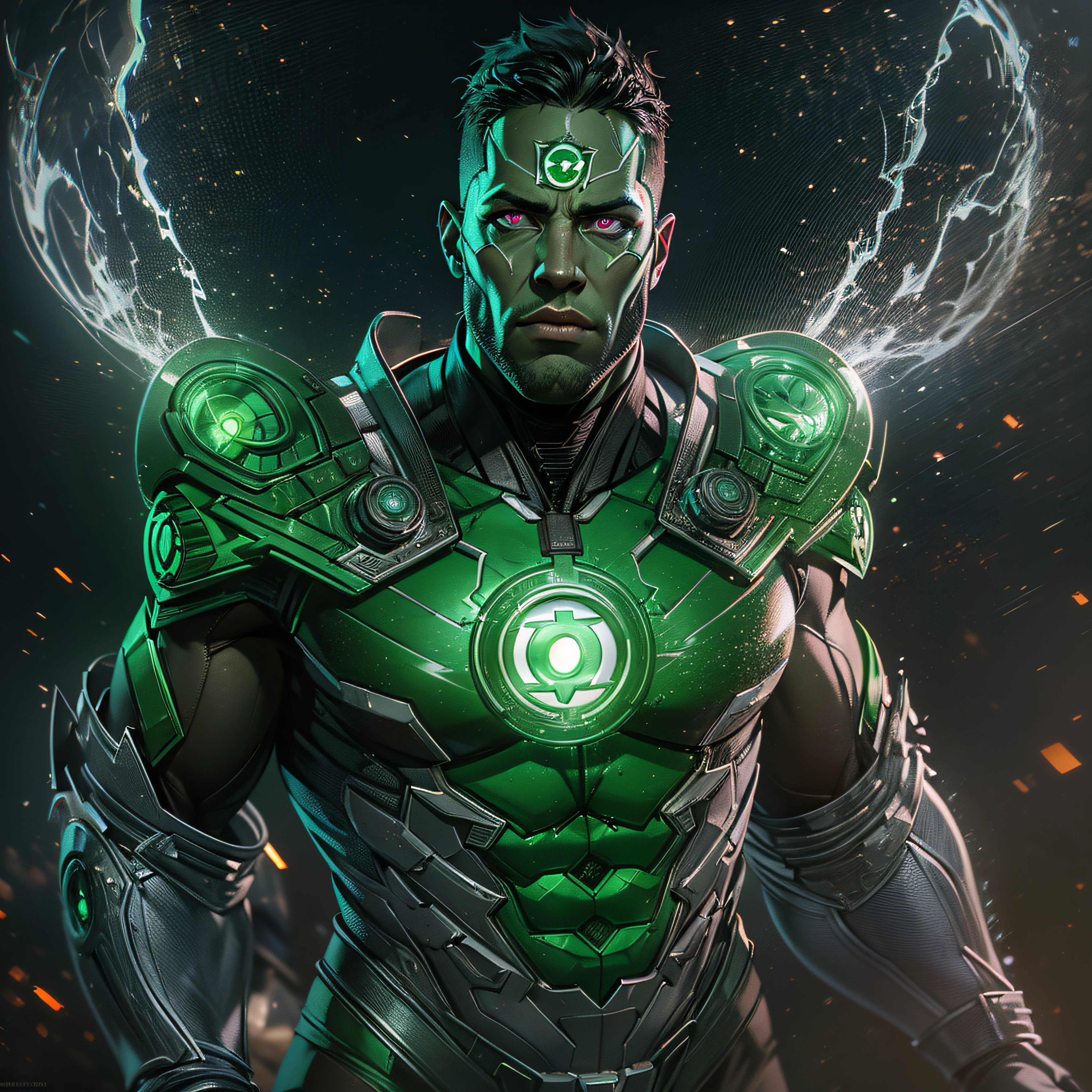 Gladiator fighter Green Lantern John Stewart. with green glowing eyes. intricate, hypermaximalist, elegant, hyper realistic, epic high details,full details,high resolution,dynamic slightblue lighting,rendering,realism,Photo-realistic, ultra realistic, octane render, unreal engine, hyper detailed, volumetric lighting, 8k reality, cinematic