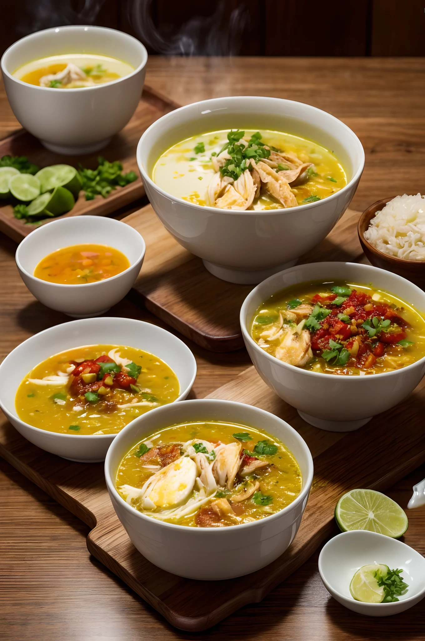 food, a bowl of soto ayam with chili sauces, rice, wooden table, yellow soup, hot steam, volumetric, rim lighting, soft focus, blurry background