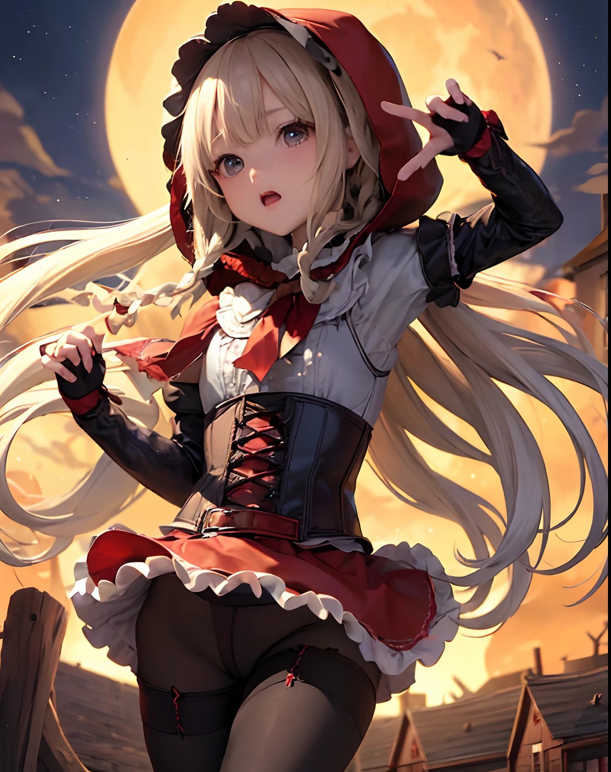 masterpiece、hiquality、1girl in、独奏、Marie Rose、cowboy shot、embarassed expression、(((Little Red Riding Hood's clothes)))、((White blouses))、((pantyhose))、(long boots)、natta、Pumpkin Lantern、((a miniskirt))、fullmoon、((corsets))、((Black panties))、Sit up、Opening legs