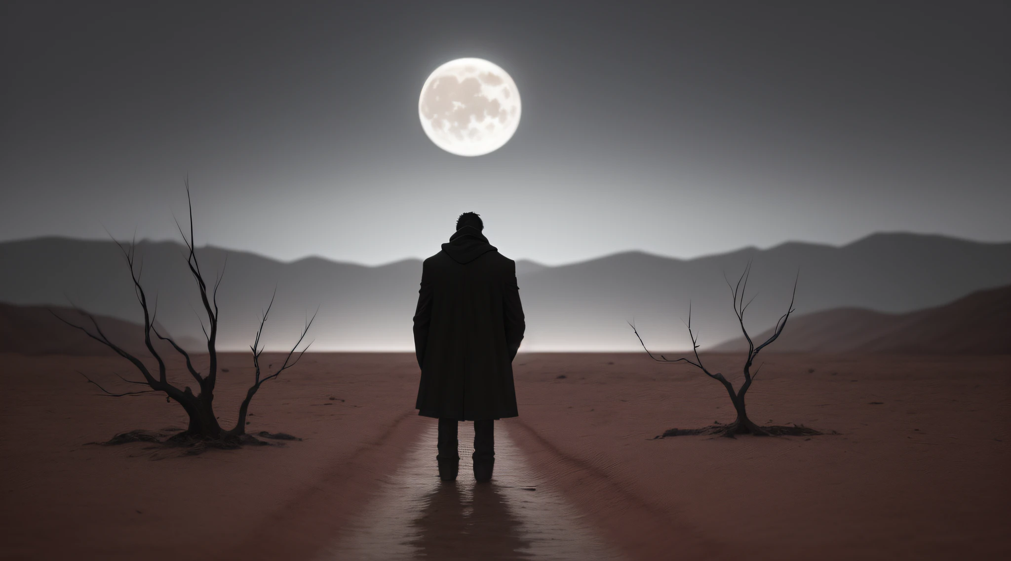 In the depths of the night, a man with a sorrowful expression gazes into the distance. The moon hangs low in the sky, casting a dim, melancholic light on his face. Shadows dance around him, accentuating the depth of his sadness. The silence of the night amplifies the weight of his emotions, as if the world shares in his despair. The surroundings are sparse, with only a few barren trees and a desolate road stretching into the unknown. The scene evokes a profound sense of loneliness and introspection, inviting viewers to empathize with the man's sorrow.