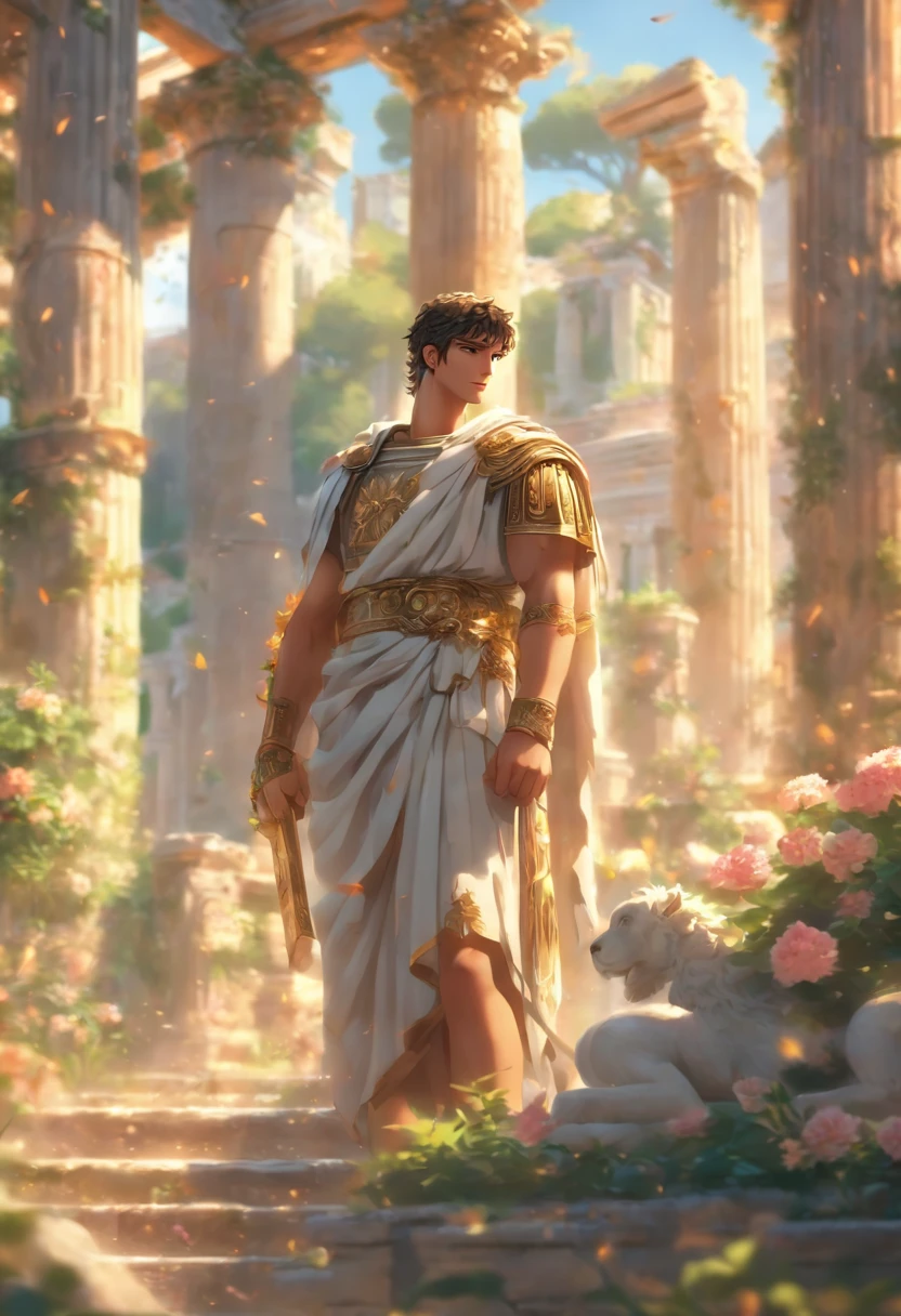 the best quality, very high resolution, detailed 4K CG, master piece,A very handsome young man，There are flowers inside, Ancient Roman style, Ancient Roman environment, ancient garden behind her, Ancient Rome, beautiful aesthetics, Ancient Roman style, ( ( Ancient Roman ruins ) ), Huge pillars and flowers, beautiful ancient garden behind, Beautiful picture, ruin, Rome style, Roman atmosphere, Beautiful ancient ruins at the back, Roman monuments