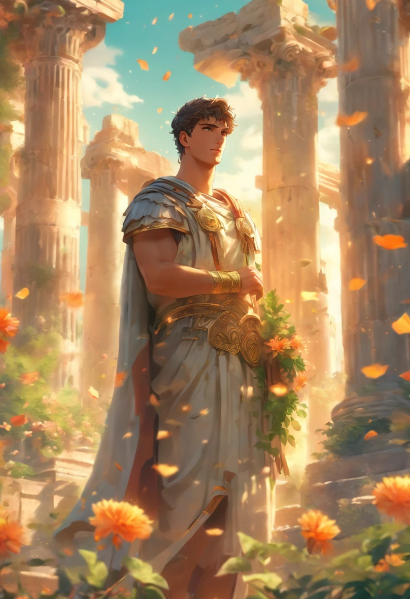 the best quality, very high resolution, detailed 4K CG, master piece,A very handsome young man，There are flowers inside, Ancient Roman style, Ancient Roman environment, ancient garden behind her, Ancient Rome, beautiful aesthetics, Ancient Roman style, ( ( Ancient Roman ruins ) ), Huge pillars and flowers, beautiful ancient garden behind, Beautiful picture, ruin, Rome style, Roman atmosphere, Beautiful ancient ruins at the back, Roman monuments