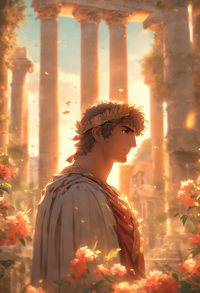 the best quality, very high resolution, detailed 4K CG, master piece,A very handsome young man,There are flowers inside, Ancient Roman style, Ancient Roman environment, ancient garden behind her, Ancient Rome, beautiful aesthetics, Ancient Roman style, ( ( Ancient Roman ruins ) ), Huge pillars and flowers, beautiful ancient garden behind, Beautiful picture, ruin, Rome style, Roman atmosphere, Beautiful ancient ruins at the back, Roman monuments