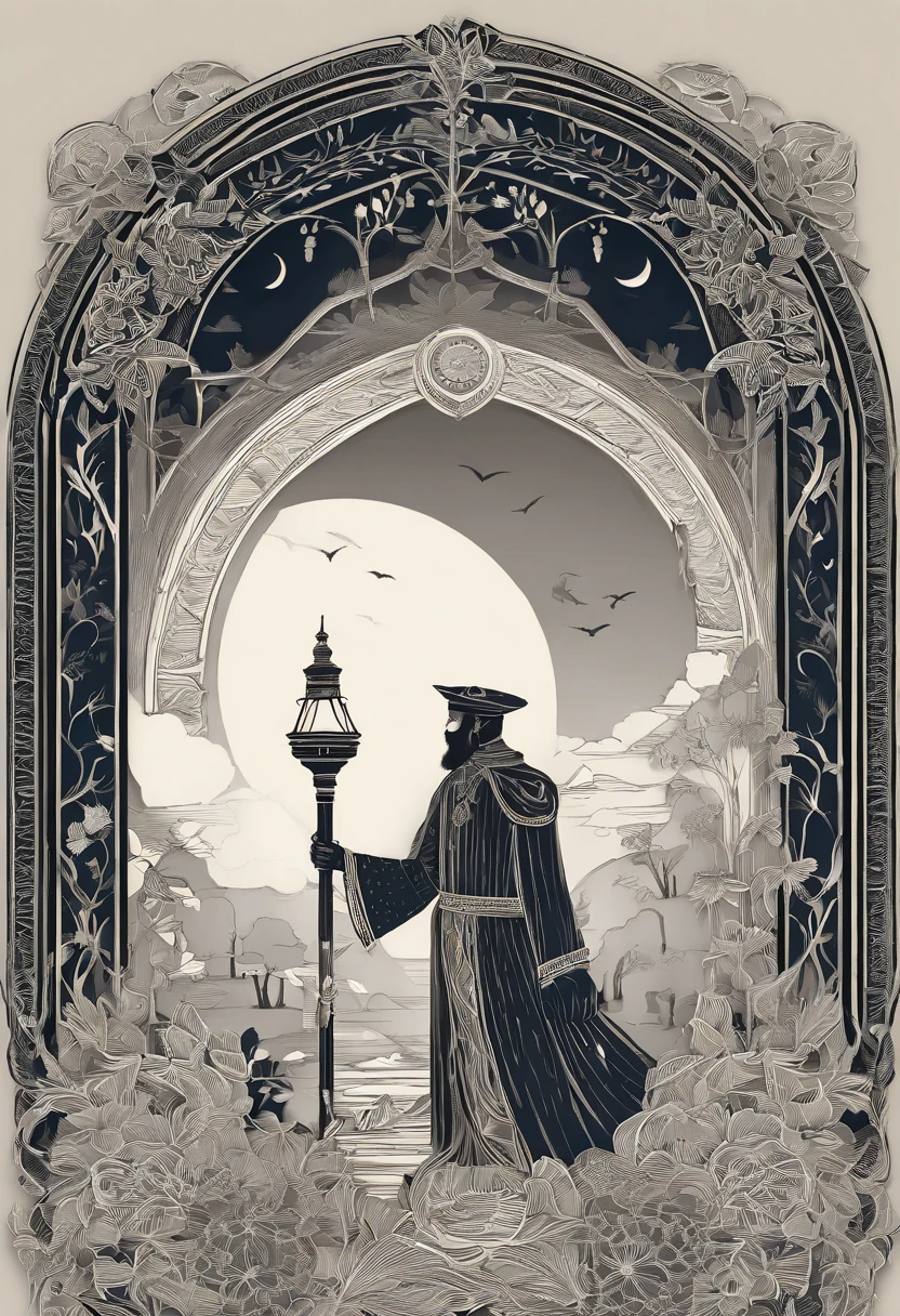 HOMEM VELHO COM BARBA BRANCA E MANTO DE ANDARILHO, HOLDING AN ANTIQUE LAMP AND A STICK, AMBIENTE ESCURO, EREMITA DO TAROT