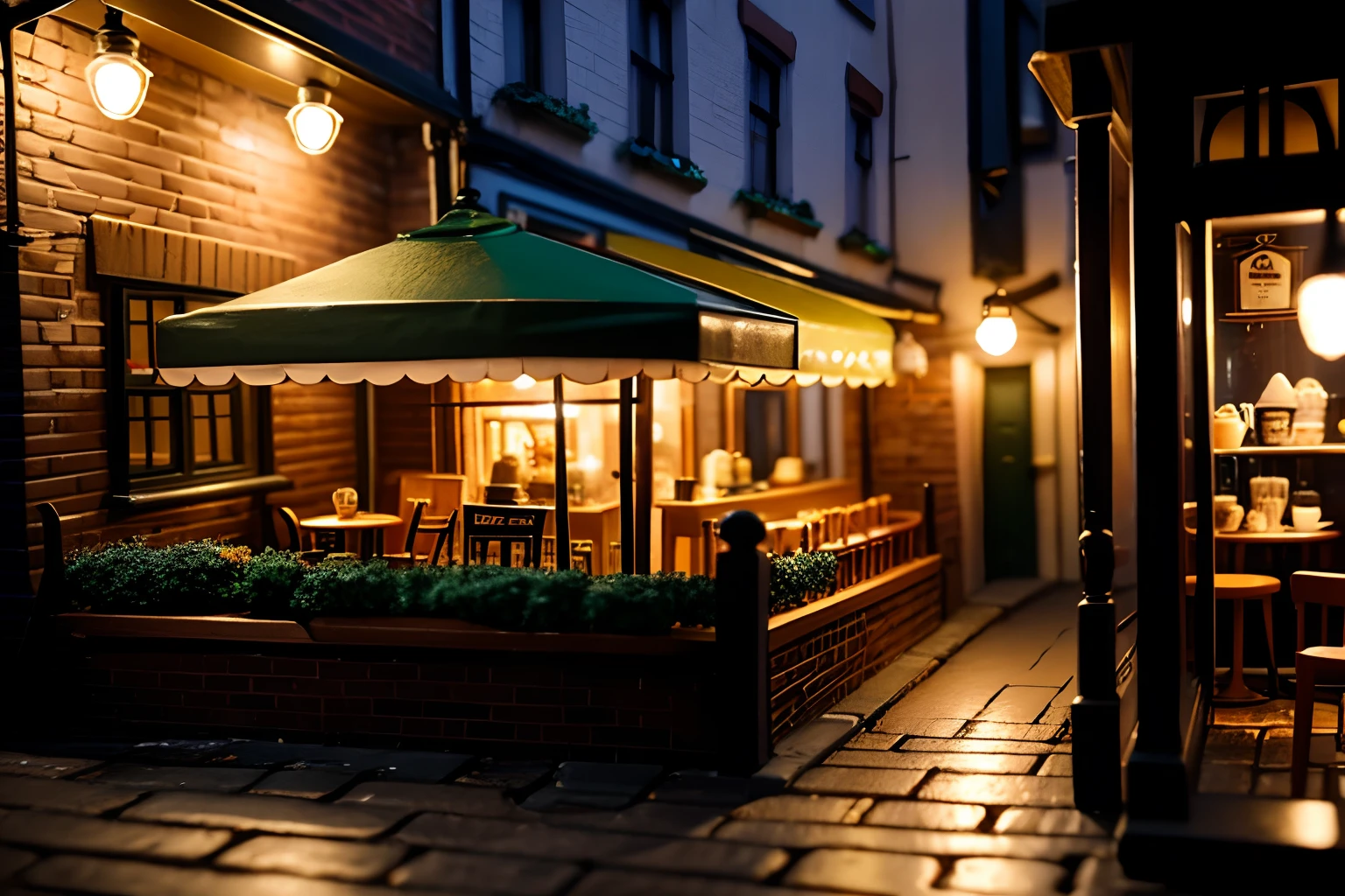 Miniature cafe diorama macro photography, cafe for mice, alleyway, ambient, atmospheric, british, bokeh, romantic