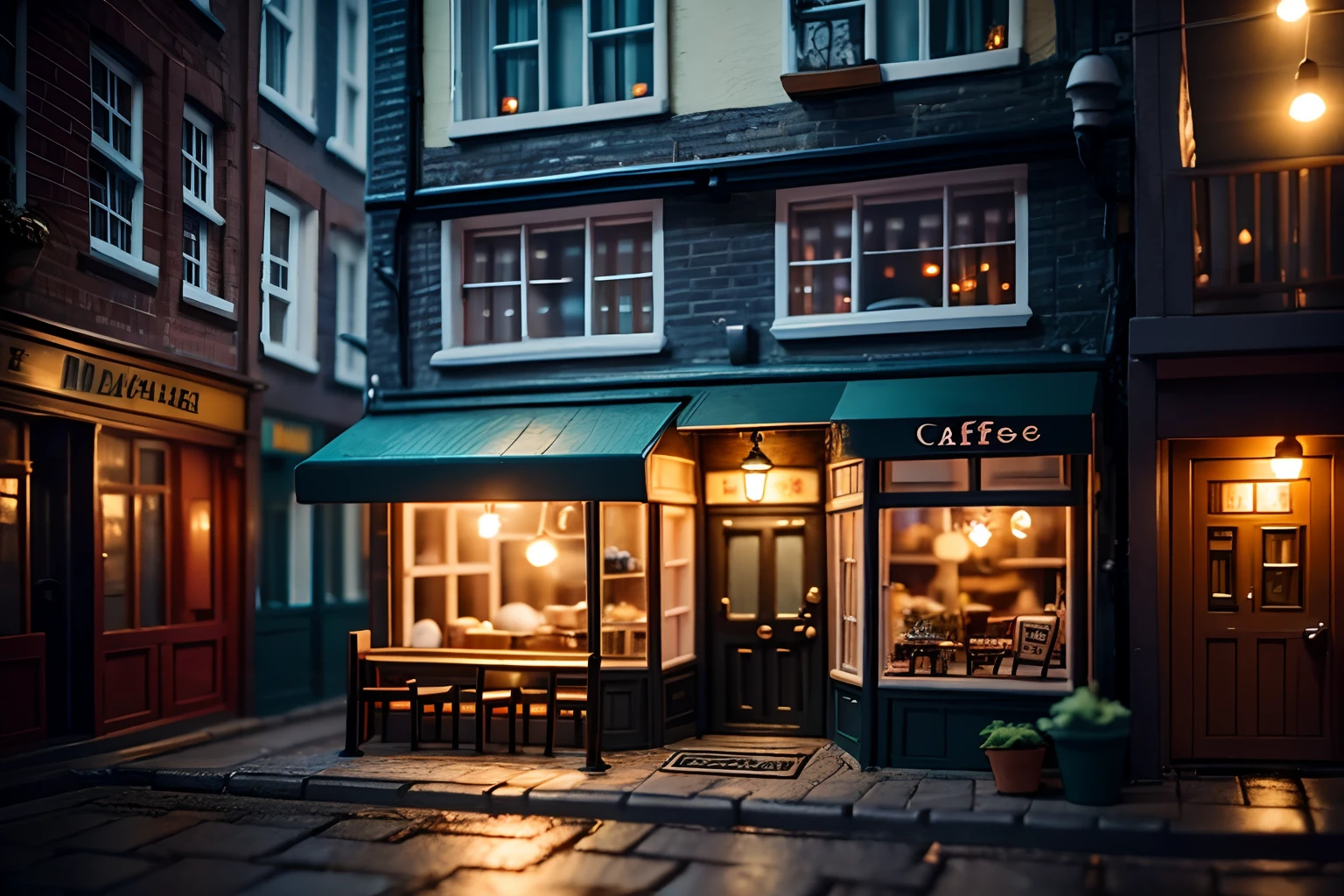 Miniature cafe diorama macro photography, cafe for mice, alleyway, ambient, atmospheric, british, bokeh, romantic