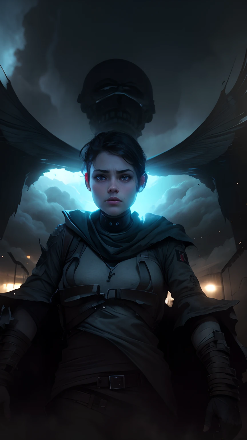 outstanding female performer in total frontal winklel, star war, taurus, epic scene, on her knees, crying, praying to heaven, background in flames with spaceship battle