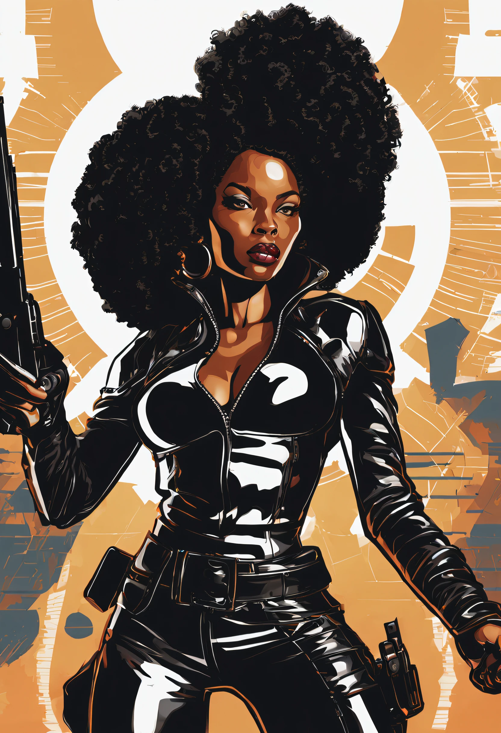 vector art, a close up of a black woman in a black leather outfit holding a gun, vector art by Mark Brooks, trending on cg society, afrofuturism, afro, black woman, afrofuturistic