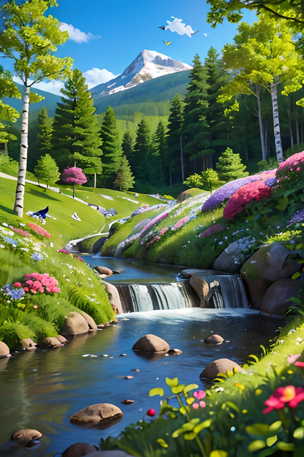 Mountain path, fir trees, birch trees, children playing, flowers, butterflies, flying birds, landscape, birds chirping, sunlight filtering through the trees, soft breeze, lush green foliage, sparkling water reflections, vibrant wildflowers, joyful laughter, carefree children's expressions, dynamic brushstrokes, mountain, harmonious composition.