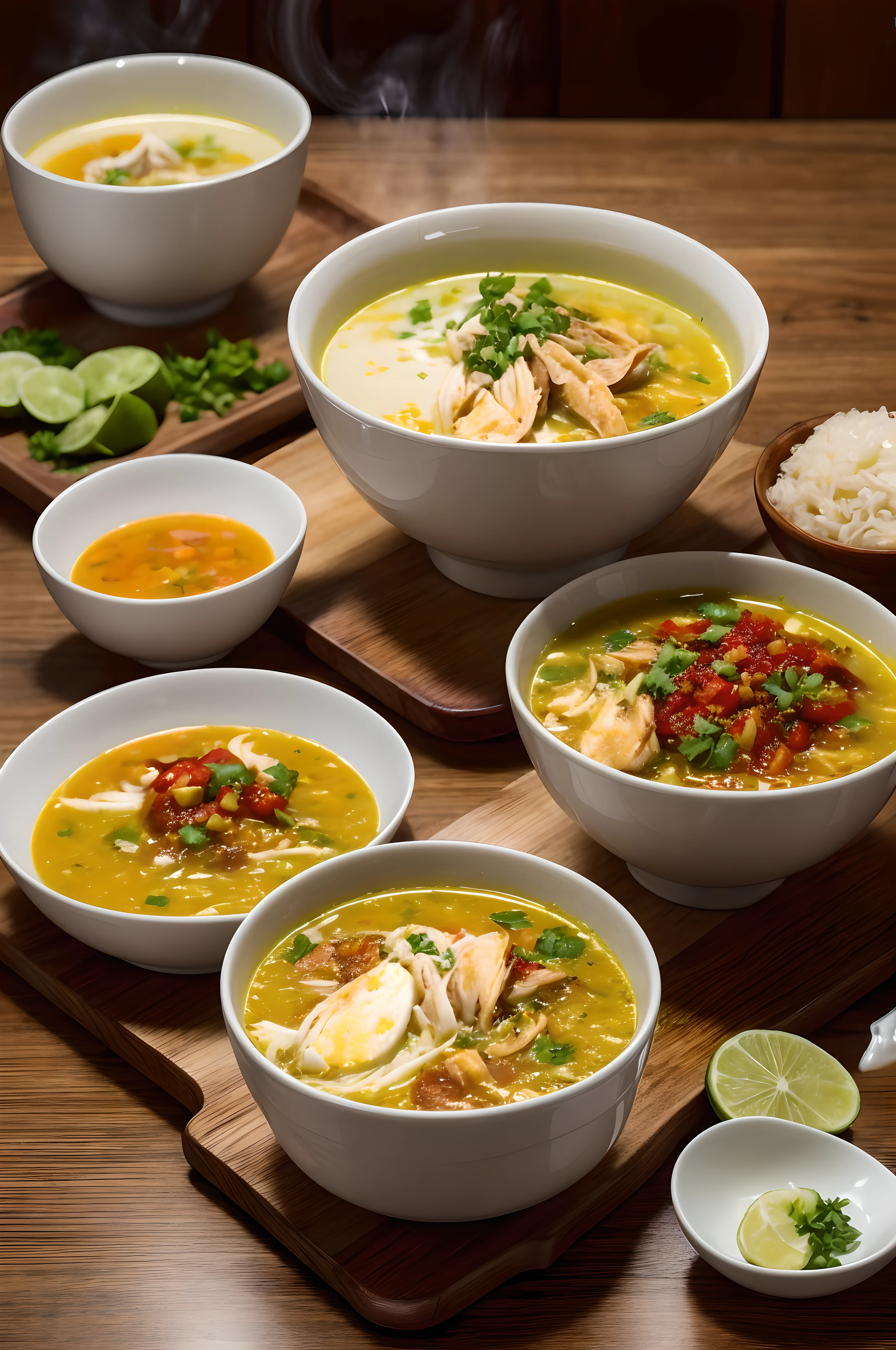 food, a bowl of soto ayam with chili sauces, rice, wooden table, yellow soup, hot steam, volumetric, rim lighting, soft focus, blurry background