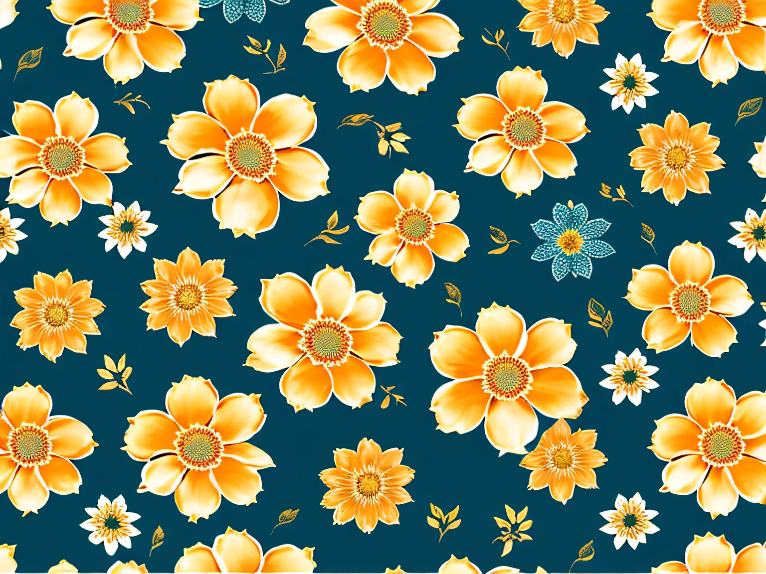 Elegant Vintage Flower Pattern, (use colours Deep Blue, Ocean Teal, Muted Gold, Soft Orange, Burnt Sienna), oil painted, roses, Scrapbook paper, uplighted, pale background, high contrast, bright beautiful colors, diagonal alignment, seamless pattern