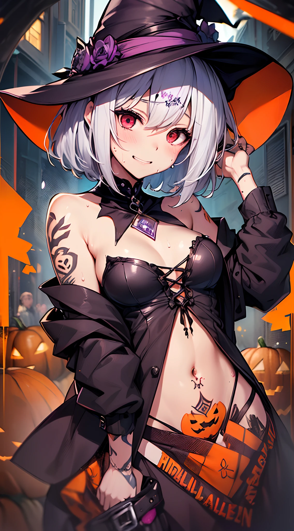 top-quality、Top image quality、in 8K,4K,masterpiece、(NSFW:1.1)、ultra-detailliert、Beautiful、ultra-quality、cute little、girl with(((18year old、Halloween Costumes:1.5、the witch、Bust 78、silber hair、a short bob、Red Eyes、Skin shining with sweat、、erotick:1.4、Happiness、The tattoo)))、hiquality、visualart、Background with((Halloween:1.2))、masutepiece