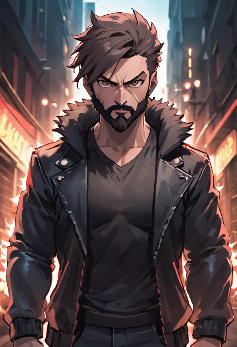 Closeup photograph, confident, virile muscular male with a beard and small wolf ears, wearing a black jacket, in a empty street, photorealistic, cinematic lighting