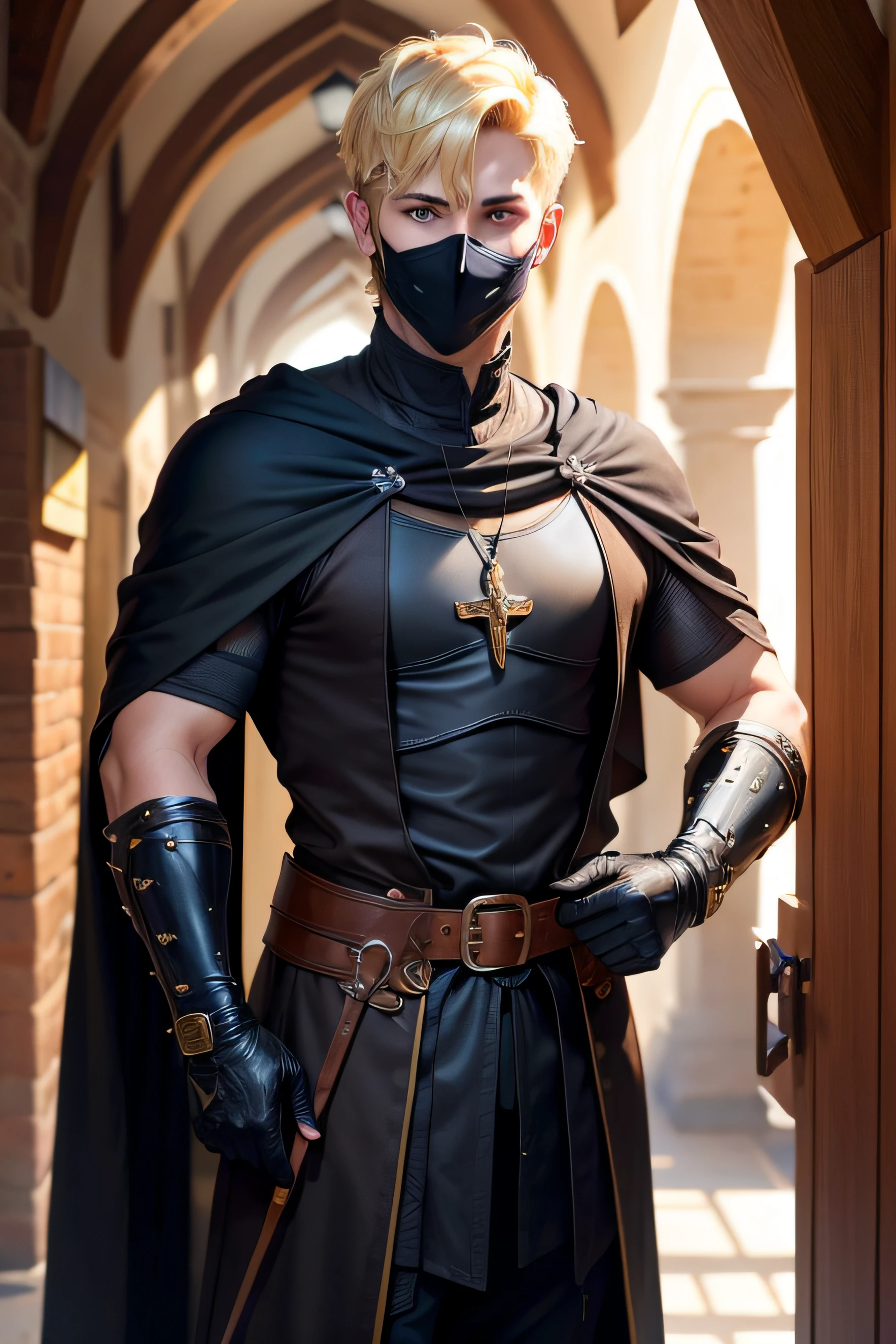 homem 25 anos, blonde short hair, using a black mask, with medieval outfit