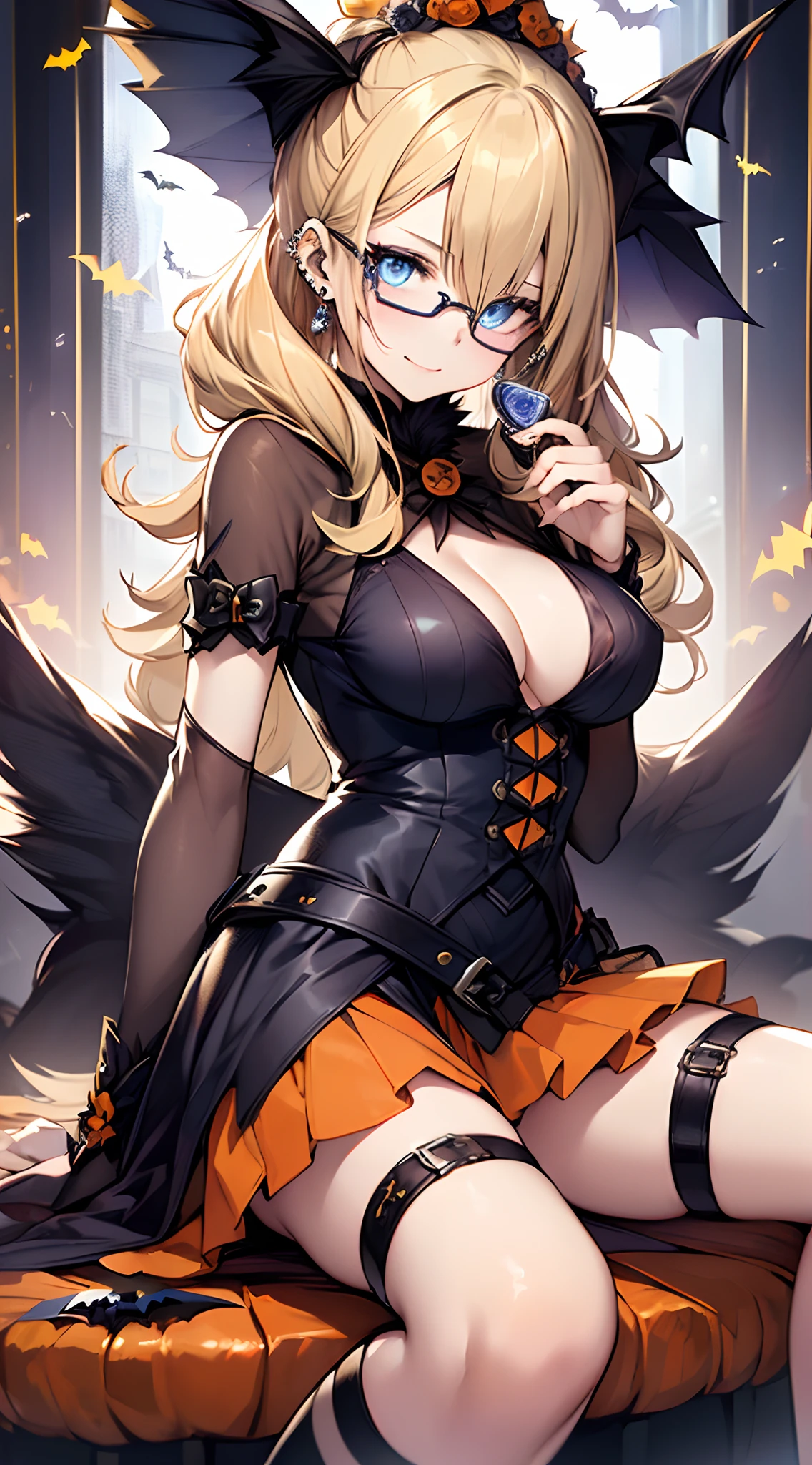 top-quality、Top image quality、in 8K,4K,masterpiece、(NSFW:1.4)、ultra-detailliert、Beautiful、ultra-quality、cute little、Style like a model、girl with(((18year old、Halloween Costumes:1.5、Wolf Maiden:1.3、Bust 92、a blond、poneyTail、Sit down with Pétain、Blue eyes、eye glass、Happiness、Ear-piercing)))、hiquality、visualart、Background with((Halloween:1.2))、masutepiece