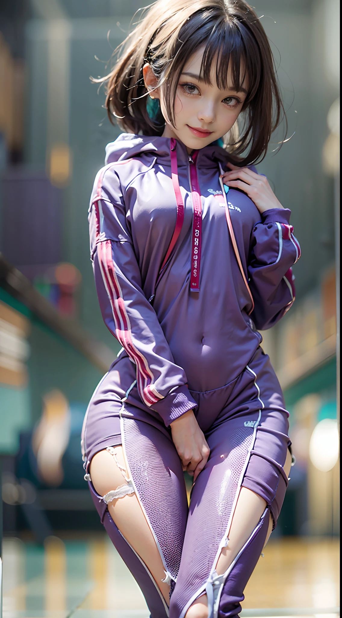 (NSFW), 1womanl, Solo, 24 year old, 7headed body, (cute face), (Ideal ratio body proportions), ((Full body tracksuit)), Point your butt at the camera, Buttocks close up, The line of the panties shows through, Smiling smile, erectile nipple, Sexy body, Wet, short-hair, Dark hair, small tits, A slender, Small buttocks, beauty legs, Skinny Legs, surrealism, Cinematic lighting, depth of fields, One-person viewpoint, F/1.8, 135 mm, nffsw, masutepiece, ccurate, ((Anatomically correct)), Textured skin, Super Detail, high details, High quality, awardwinning, Best Quality, hight resolution, 8K