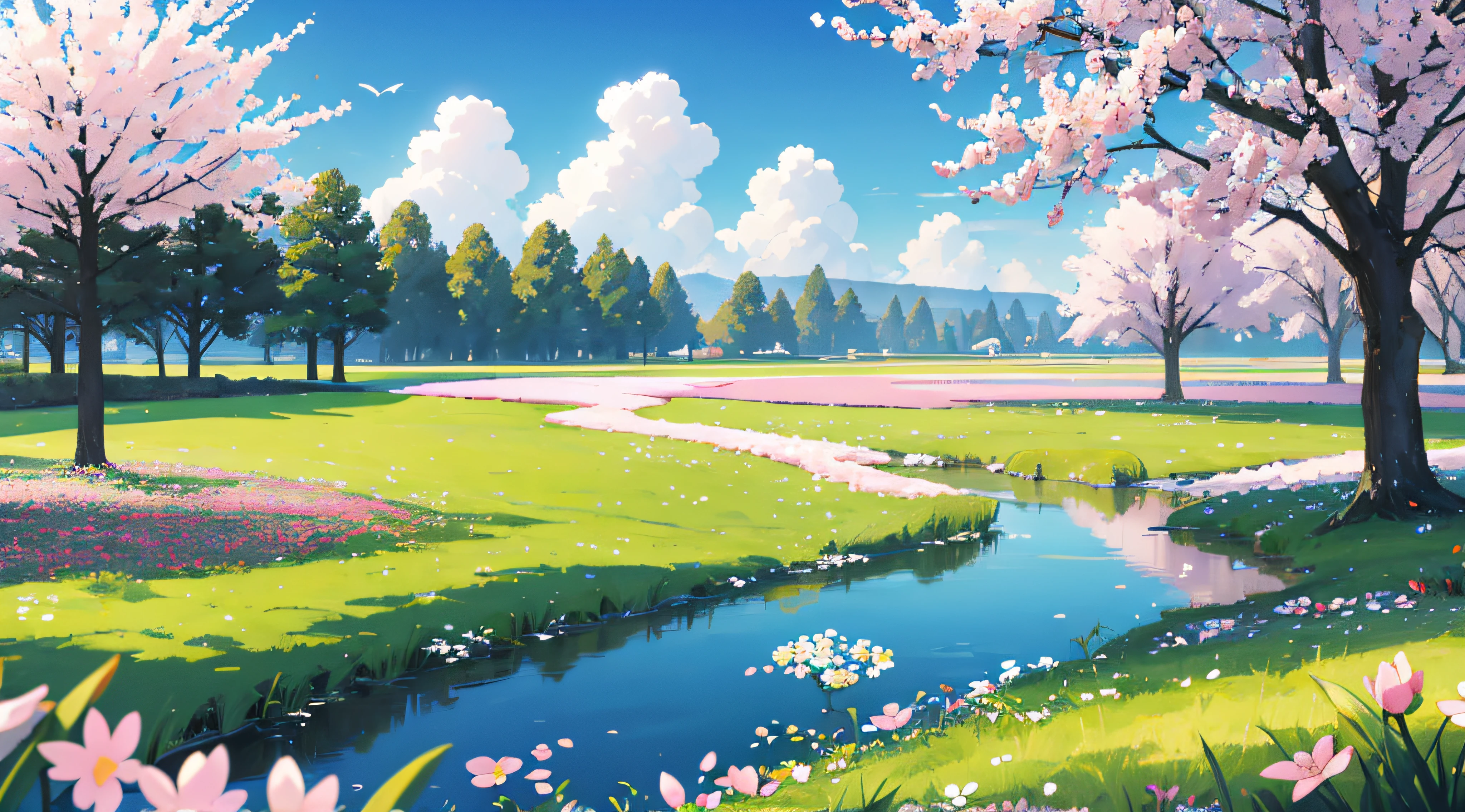 ((Spring landscape)), meadows, some small flowers, clear lakes, sky, big clouds, blue sky, warm weather, HD detail, hyper detail, cinematic, soft light, deep field focus bokeh