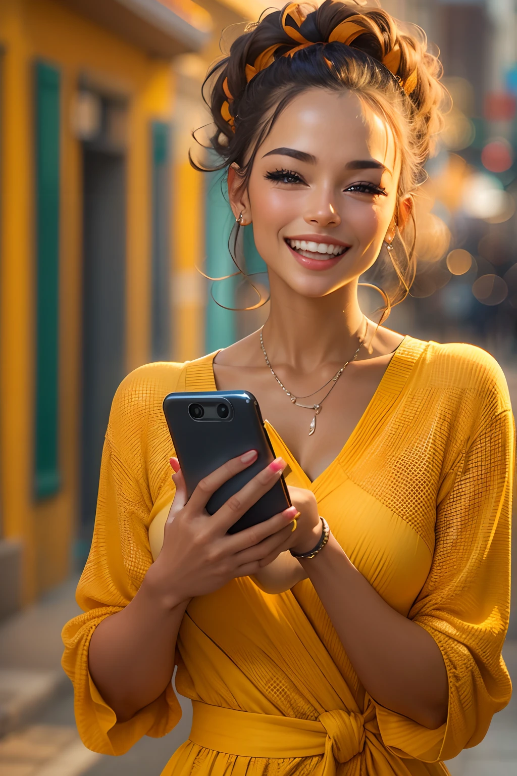 Photorealistic woman smiling holding a cell phone and looking at it, Imagen del anuncio, she is holding a smartphone, Toma de retrato, attractive features, Sin antecedentes, vibrant and vivid, Lady in yellow dress, promo image, vivid and vibrant, frente a un fondo naranja, Bold graphics, vibrant and dynamic, unique design, alegre, she is smiling and excited, excitado, muy sexy