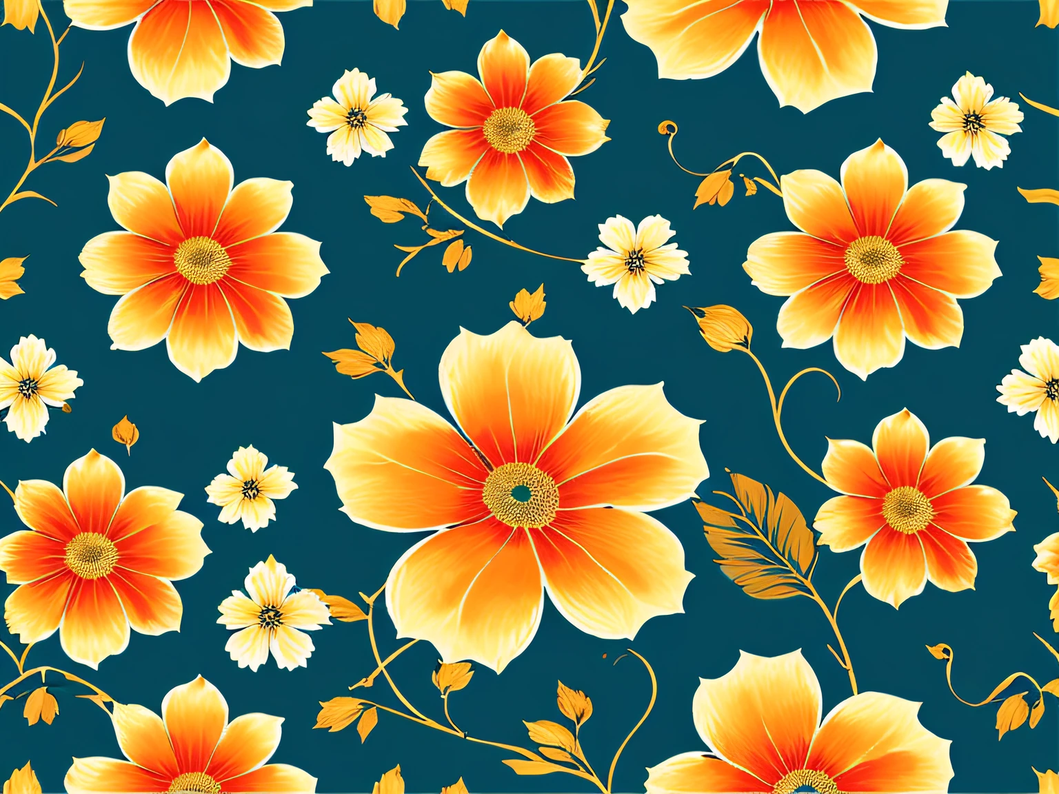 Elegant Vintage Flower Pattern, (use colours Deep Blue, Ocean Teal, Muted Gold, Soft Orange, Burnt Sienna), oil painted, roses, Scrapbook paper, uplighted, pale background, high contrast, bright beautiful colors, diagonal alignment, seamless pattern