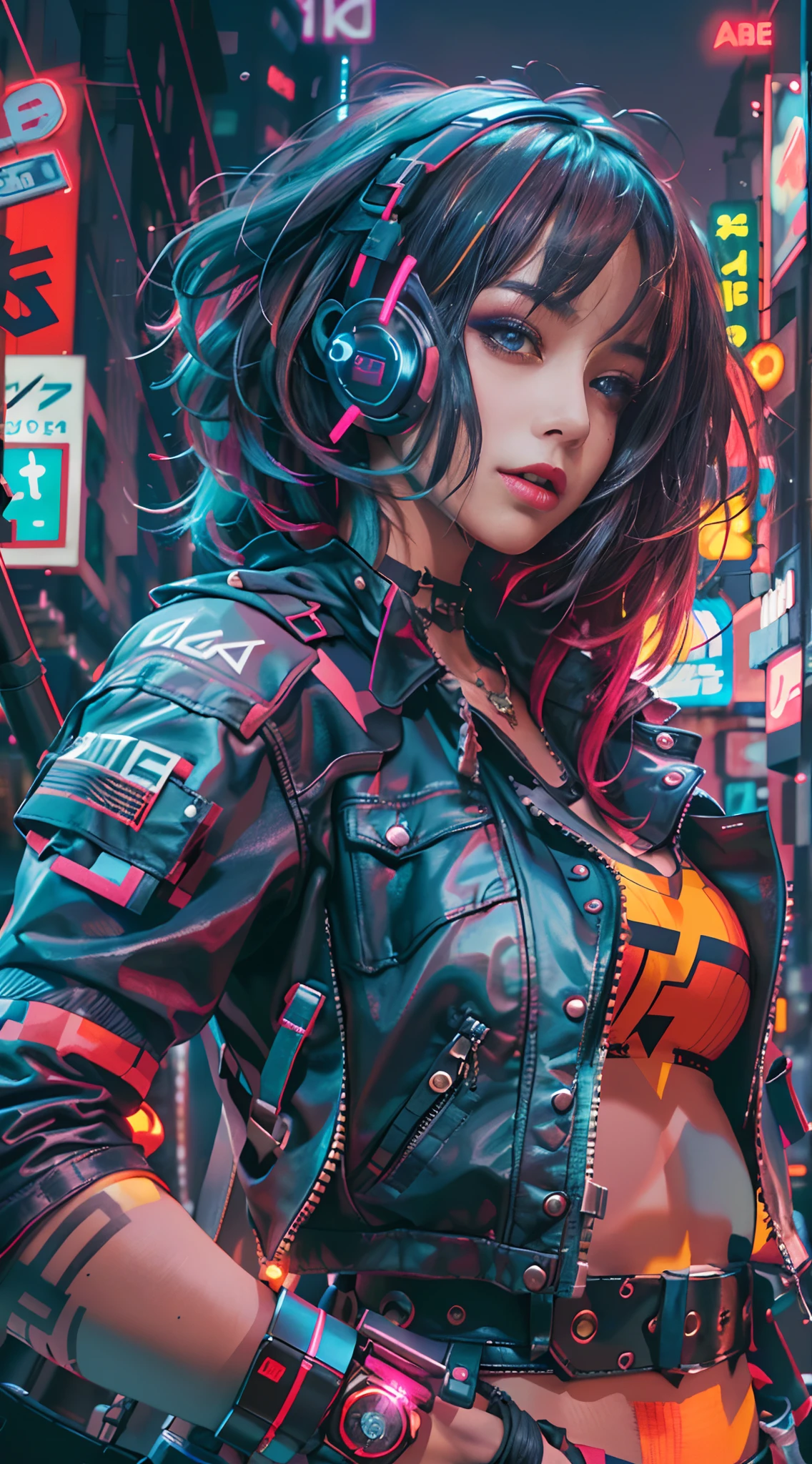 masterpiece, best quality, 1 cyberpunk girl, full body shot, standing in front of motorcycle, looking at viewer, Confident cyberpunk girl with sassy expression, Harajuku-inspired pop outfit, bold colors and patterns, eye-catching accessories, trendy and innovative hairstyle, vibrant makeup, Cyberpunk dazzling cityscape, skyscrapers, neon signs, LED lights, bright and vivid color scheme, anime, illustration, detailed skin texture, detailed cloth texture, beautiful detailed face, intricate details, ultra detailed.