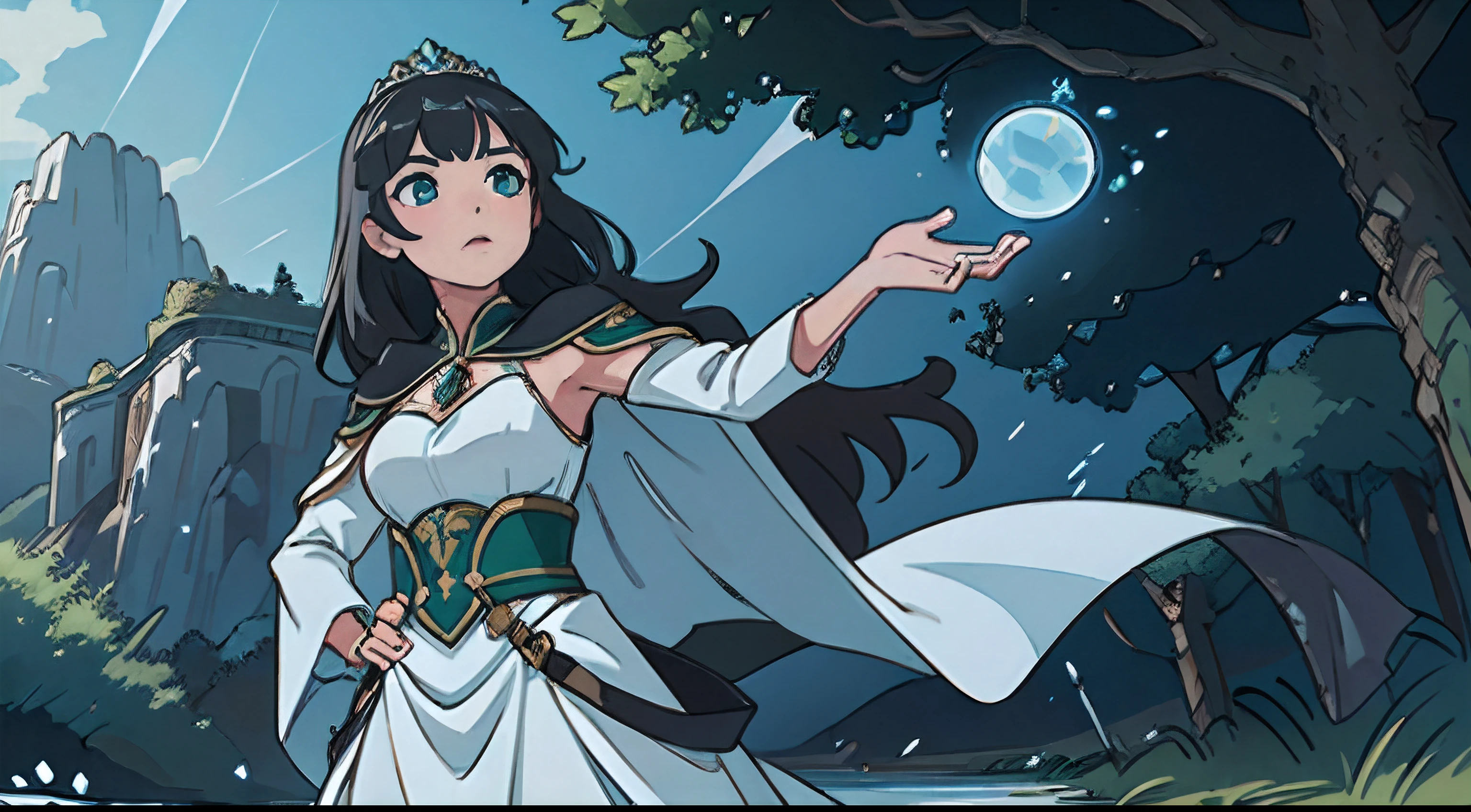 one female only, water sourceress, blue and white queen’s attire, no crown, no tiara, long black hair, waist-length black hair, emerald green eyes, beautiful face, white cape, glowing orb of water in hand, victory pose, standing, calm, serious, professional, battlefield, muddy hills, war-torn grounds, daytime, noon, bright scene, realistic lighting, ray traced lighting, 4k resolution, HDR, cinematic perfection, unbeatable masterpiece