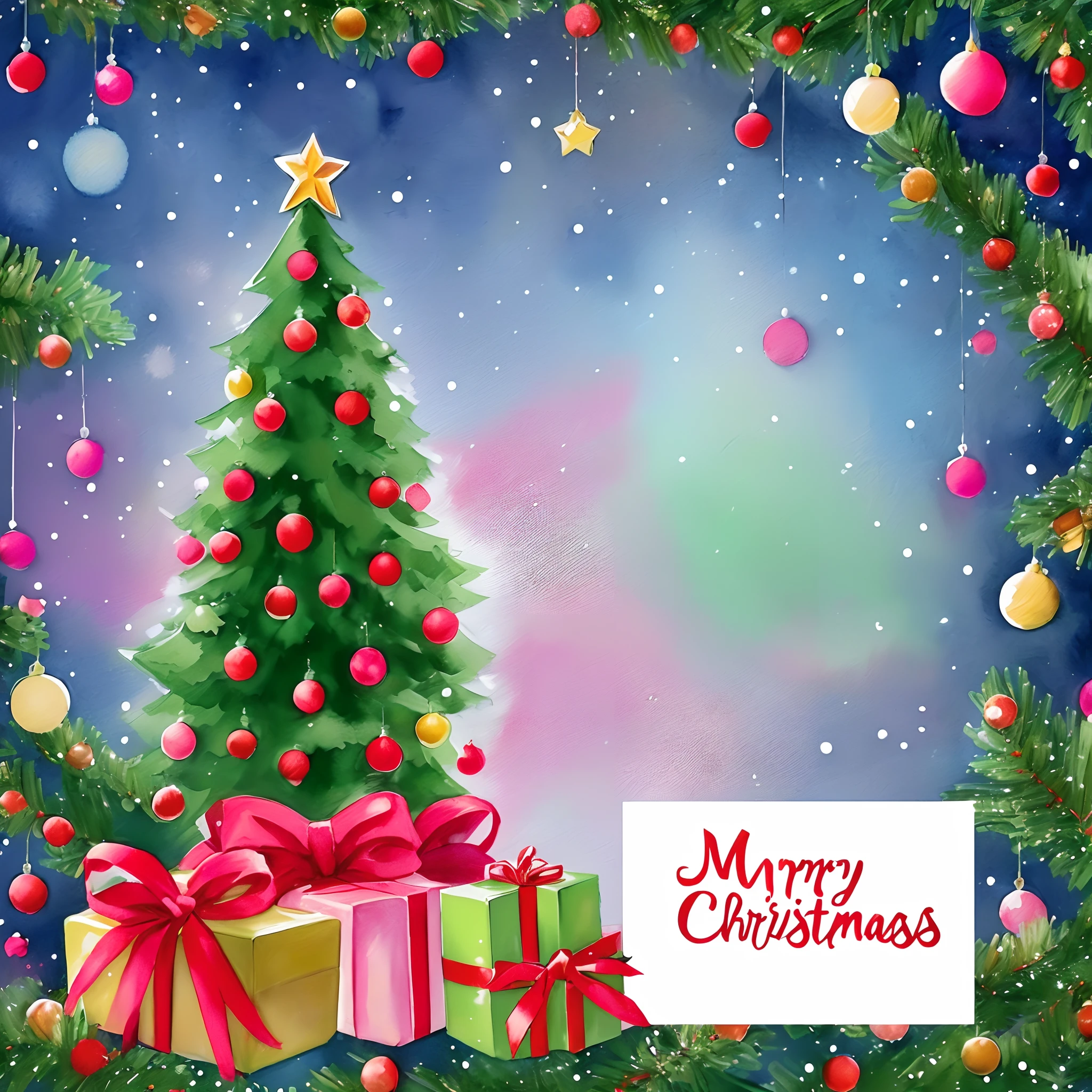 there is a christmas tree with presents and a sign in the middle, trees and stars background, merry, christmas night, christmas tree, background artwork, christmas, background art, background image, holiday season, presents, colored illustration, traditional art, color illustration, illustration, 1128x191 resolution, official artwork, holiday, snowy winter christmas night, rendering