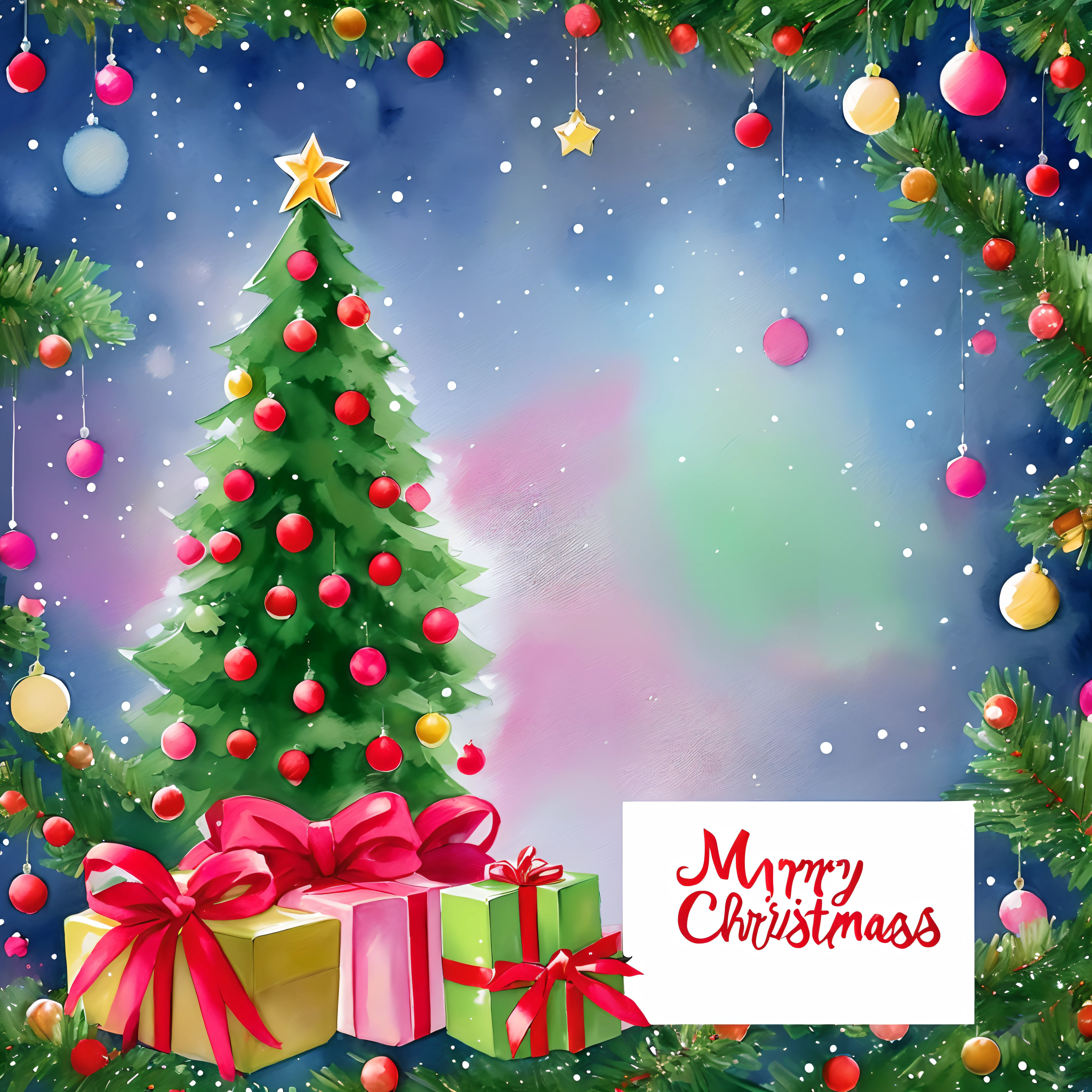 there is a christmas tree with presents and a sign in the middle, trees and stars background, merry, christmas night, christmas tree, background artwork, christmas, background art, background image, holiday season, presents, colored illustration, traditional art, color illustration, illustration, 1128x191 resolution, official artwork, holiday, snowy winter christmas night, rendering