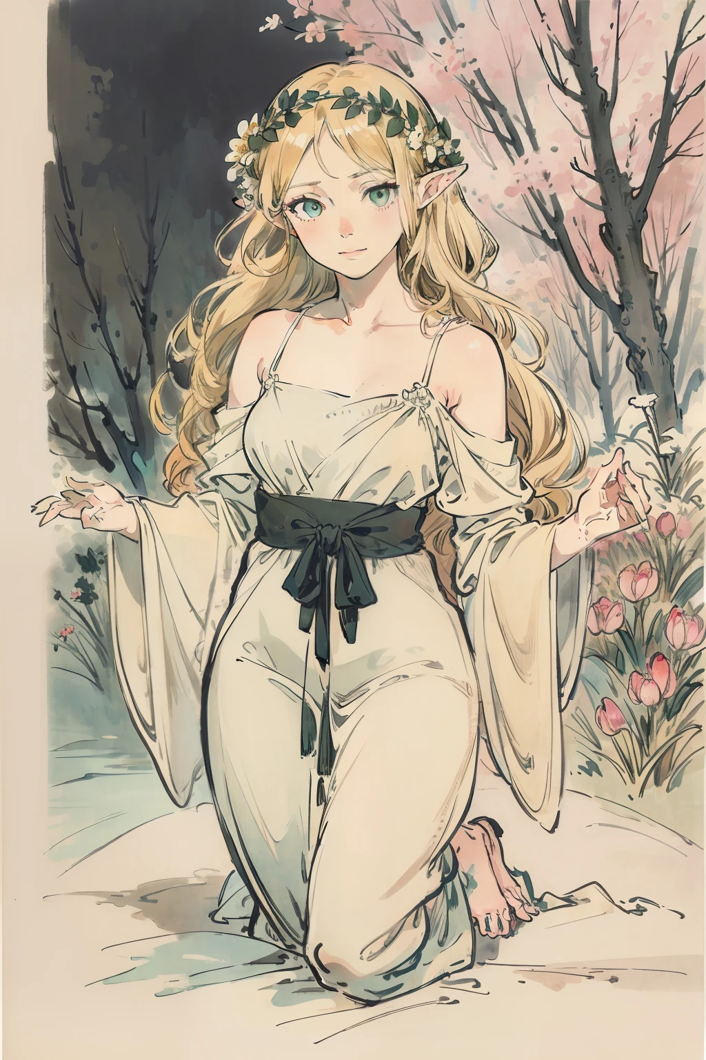 SFW,masutepiece, Best Quality, High resolution, 1girl in, Full body, Description Girls, detail hands, Detail fingers, Detail Face, detail legs, 1girl in, elf, Looking down, Flower Garden, Black sky, smog, watercolor paiting, pale skin, Petite, Blonde hair, Long hair, Wavy Hair, saddened, mournful smile, Green eyes, tareme, medium breasts, white sundress, Bare back, Kneeling, tree planting