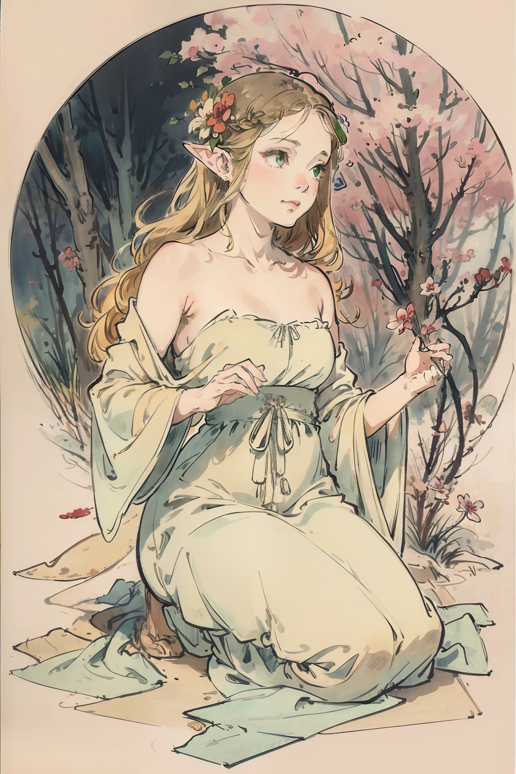 masterpiece, elf peeing naked, Best Quality, High resolution, 1girl in, Full body, Details Girl, detail hands, naked feet, Detail fingers, Detail Face, detail legs, 1girl elf, elf, Looking down, Flower Garden, Black sky, smog, watercolor paiting, pale skin, Petite, Blonde hair, Long hair, Wavy Hair, saddened, mournful smile, Green eyes, tareme, medium breasts, white skin nude, ((completely naked)), ((Kneeling)0. ((( Peeing, urinating))), (exposed vagina), (exposed pussy), (exposed vulva), exposed from side ass cheeks.