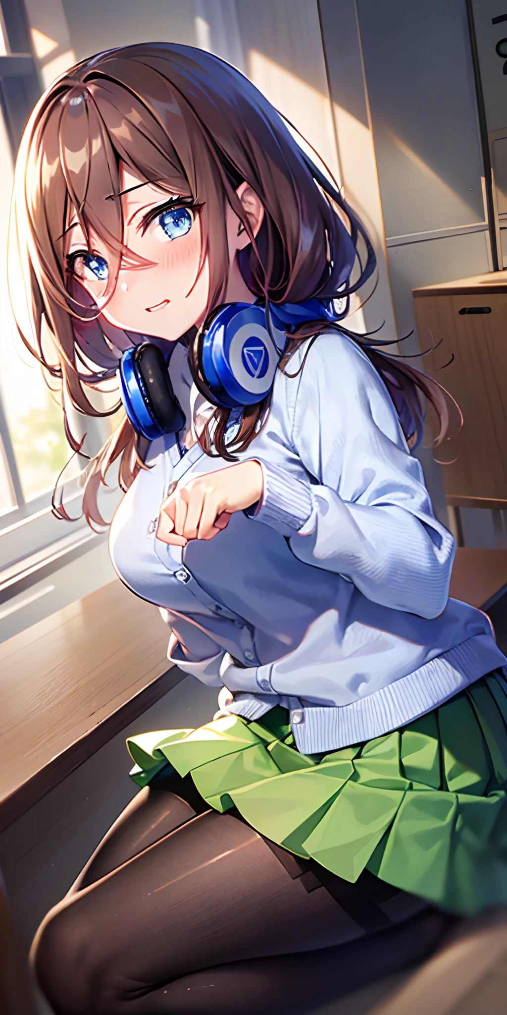 masutepiece, Best Quality, (Very detailed CG Unity 8K wallpaper) (Best Quality), (Best Illustration), (Best Shadows), Miku Nakano, Brown hair, Blue eyes, classroom, Beautiful detailed eyes, looking at viewer, Blue Cardigan,Green pleated skirt,happy,embarrassed,Black pantyhose