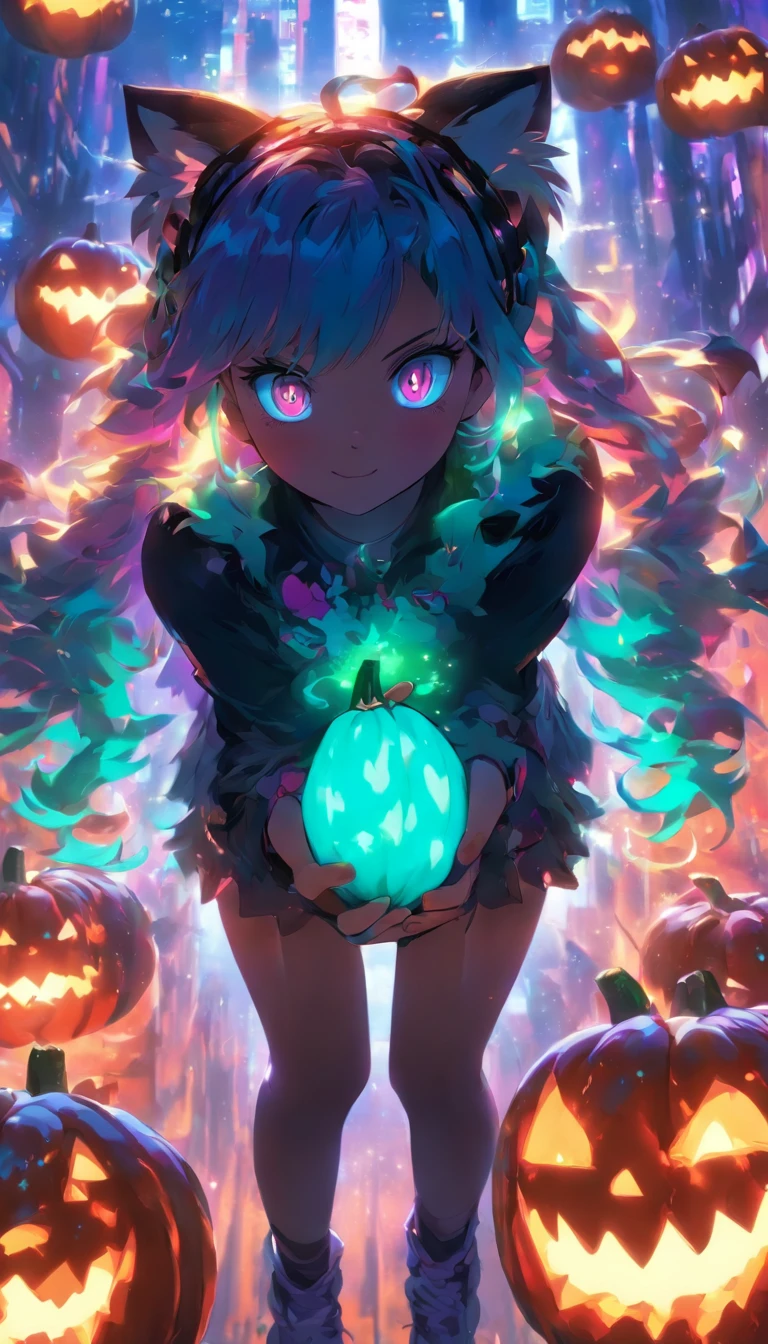 a girl holding a pumpkin in front of her face, glowing eyes, purple hair, neon, iridicent colors turquoise and purple and green glowing colors anime art wallpaper 8 k, anime art wallpaper 4 k, anime art wallpaper 4k, anime style 4 k, 4k anime wallpaper, anime wallpaper 4 k, anime wallpaper 4k, 4 k manga wallpaper, cute anime catgirl, beautiful anime catgirl, anime girl with cat ears
