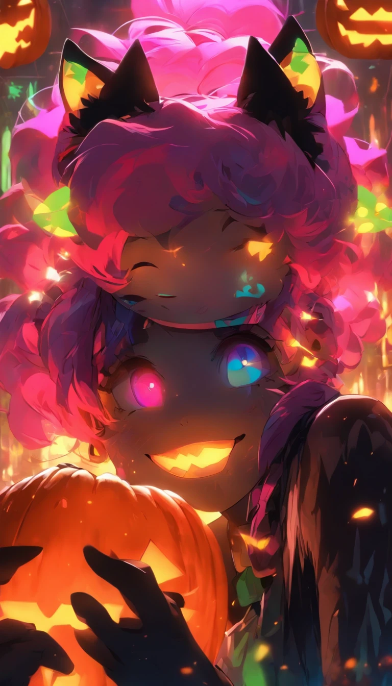 a girl holding a pumpkin in front of her face, glowing eyes, purple hair, neon, iridicent colors turquoise and purple and green glowing colors anime art wallpaper 8 k, anime art wallpaper 4 k, anime art wallpaper 4k, anime style 4 k, 4k anime wallpaper, anime wallpaper 4 k, anime wallpaper 4k, 4 k manga wallpaper, cute anime catgirl, beautiful anime catgirl, anime girl with cat ears