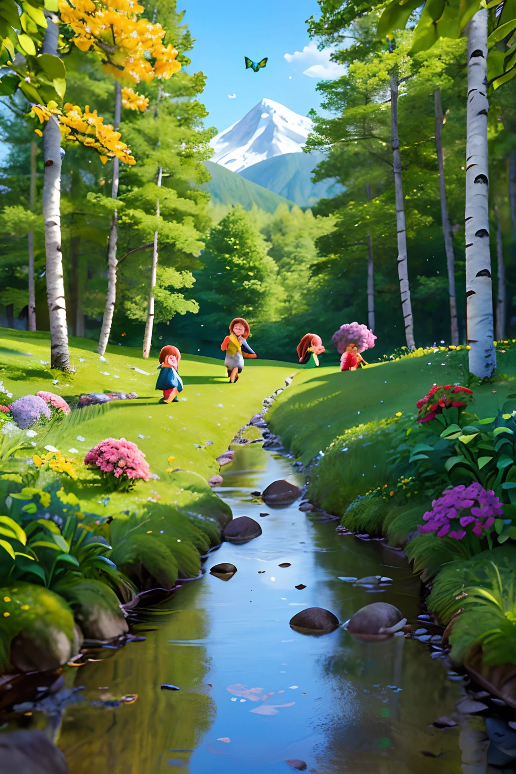 Mountain path, fir trees, birch trees, children playing, flowers, butterflies, flying birds, landscape, birds chirping, sunlight filtering through the trees, soft breeze, lush green foliage, sparkling water reflections, vibrant wildflowers, joyful laughter, carefree children's expressions, dynamic brushstrokes, mountain, harmonious composition.