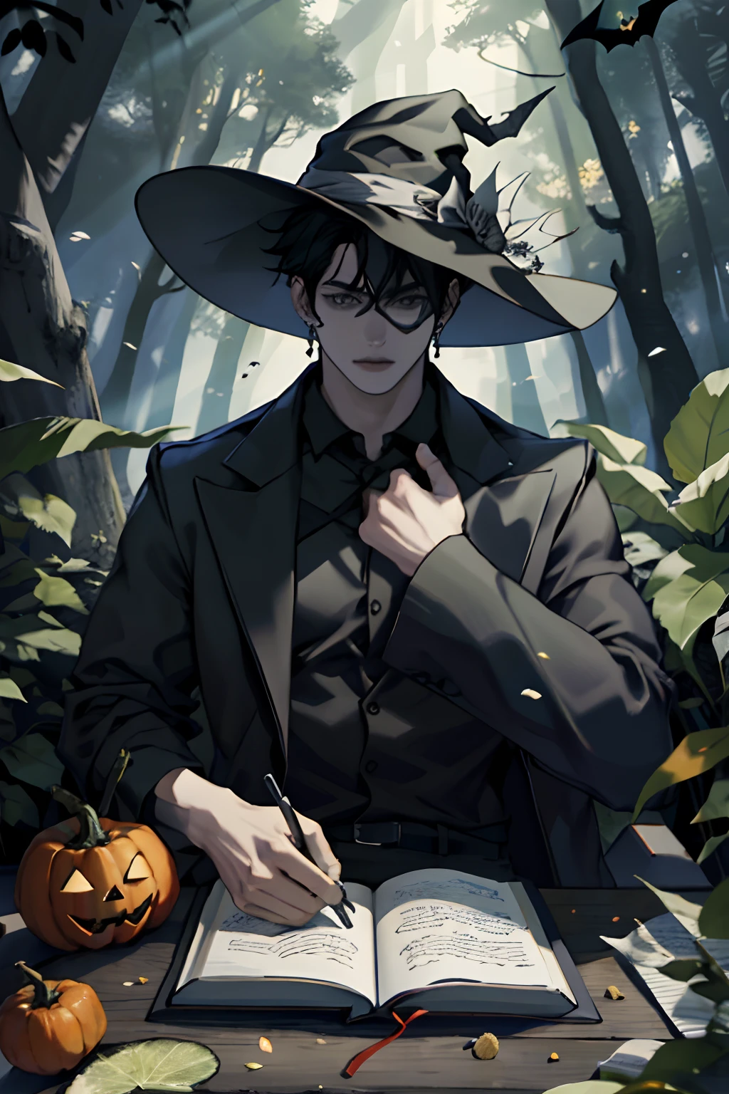 obra maestra, mejor calidad, 1 hombre, Yoo Joonghyuk, 25-years old, alto y musculoso, guapo, ojos finamente detallados, detalles intrincados, mago, disfraz de mago, halloween, sombrero negro con ala puntiaguda, sosteniendo una enorme botella de licor., bebiendo licor, palo de escoba con mango tallado, libro de hechizos con una variedad de hechizos, botellas de pociones con varios ingredientes, Enchanted forest with a hidden wizard's hut