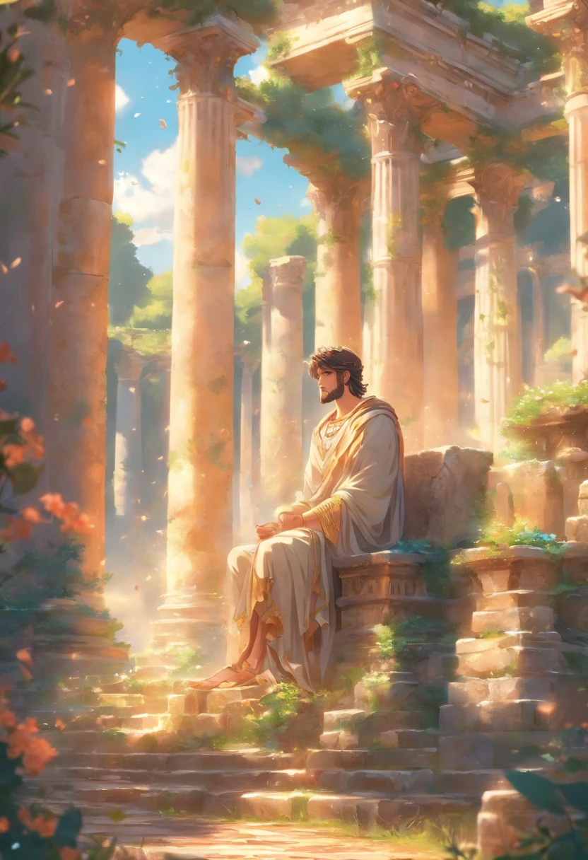 the best quality, very high resolution, detailed 4K CG, master piece,A man sitting on a stone, oracle,soft smoke,seer,fortune teller,Ancient Roman style,Ancient Roman environment,ancient garden behind her,Ancient Rome,beautiful aesthetic,Style ancient roman, ( ( Ancient Roman ruins ) ), Huge pillars and flowers, beautiful ancient garden behind, Beautiful image, ruin, Rome Style, Roman atmosphere, Beautiful ancient ruins at the back, Roman monuments
