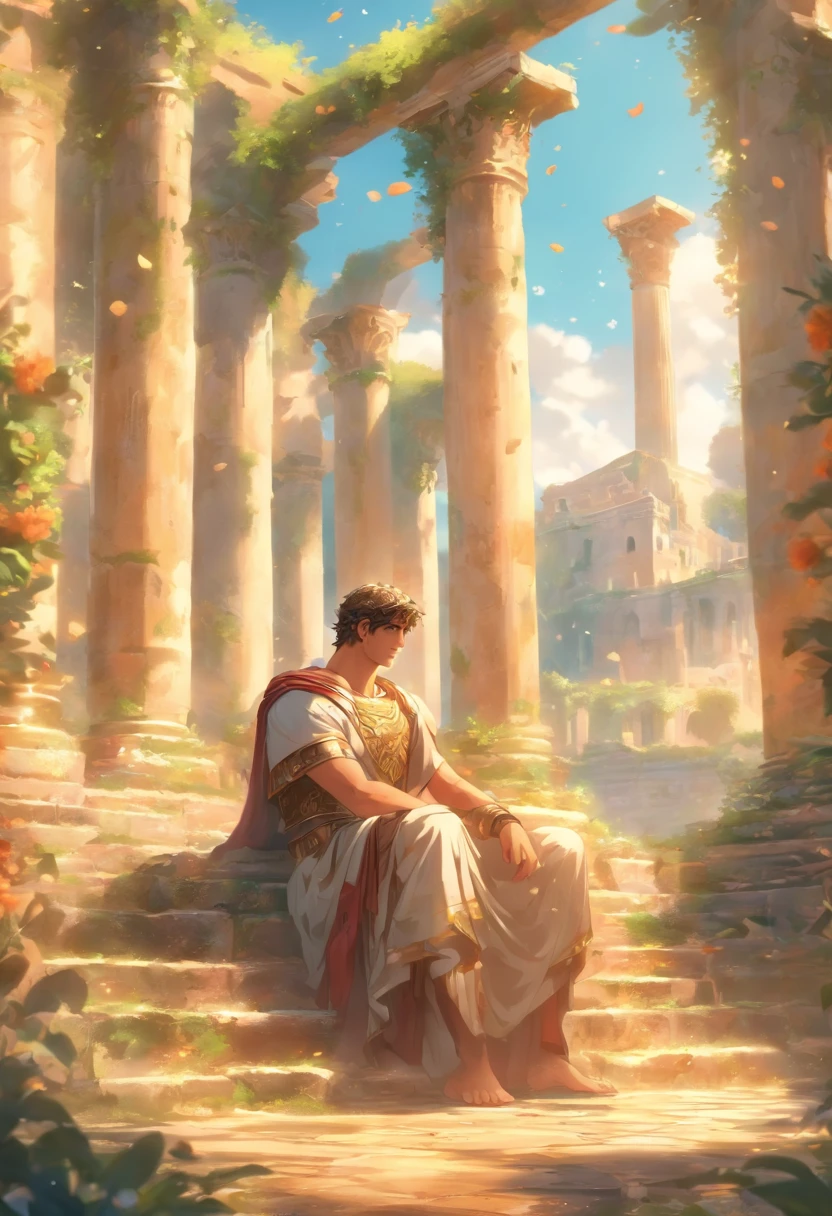 the best quality, very high resolution, detailed 4K CG, master piece,A man sitting on a stone, oracle,soft smoke,seer,fortune teller,Ancient Roman style,Ancient Roman environment,ancient garden behind her,Ancient Rome,beautiful aesthetic,Style ancient roman, ( ( Ancient Roman ruins ) ), Huge pillars and flowers, beautiful ancient garden behind, Beautiful image, ruin, Rome Style, Roman atmosphere, Beautiful ancient ruins at the back, Roman monuments