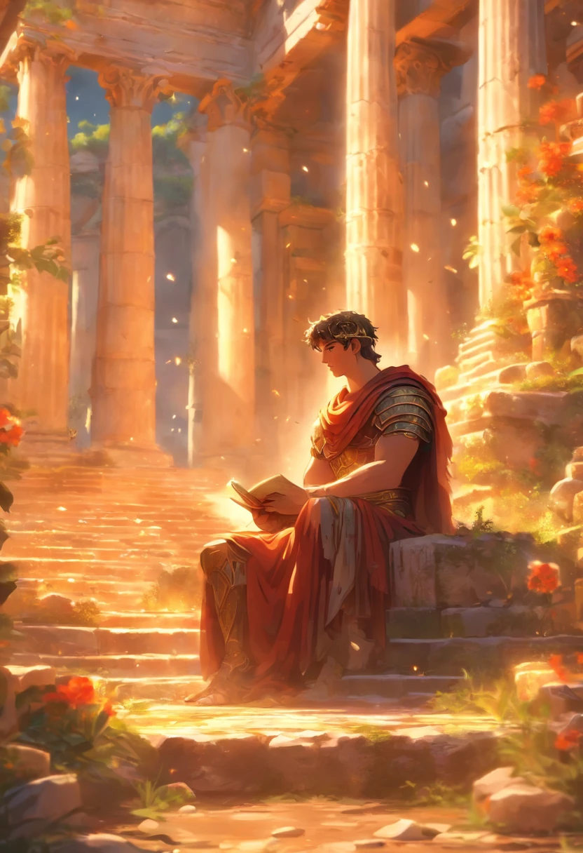 the best quality, very high resolution, detailed 4K CG, master piece,A man sitting on a stone, oracle,soft smoke,seer,fortune teller,Ancient Roman style,Ancient Roman environment,ancient garden behind her,Ancient Rome,beautiful aesthetic,Style ancient roman, ( ( Ancient Roman ruins ) ), Huge pillars and flowers, beautiful ancient garden behind, Beautiful image, ruin, Rome Style, Roman atmosphere, Beautiful ancient ruins at the back, Roman monuments