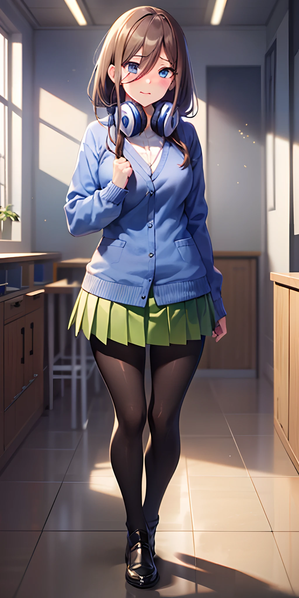 masutepiece, Best Quality, (Very detailed CG Unity 8K wallpaper) (Best Quality), (Best Illustration), (Best Shadows), Miku Nakano, Brown hair, Blue eyes, classroom, Beautiful detailed eyes, looking at viewer,(Blue Cardigan),(Short green pleated skirt),(Black pantyhose),happy,embarrassed,slouch