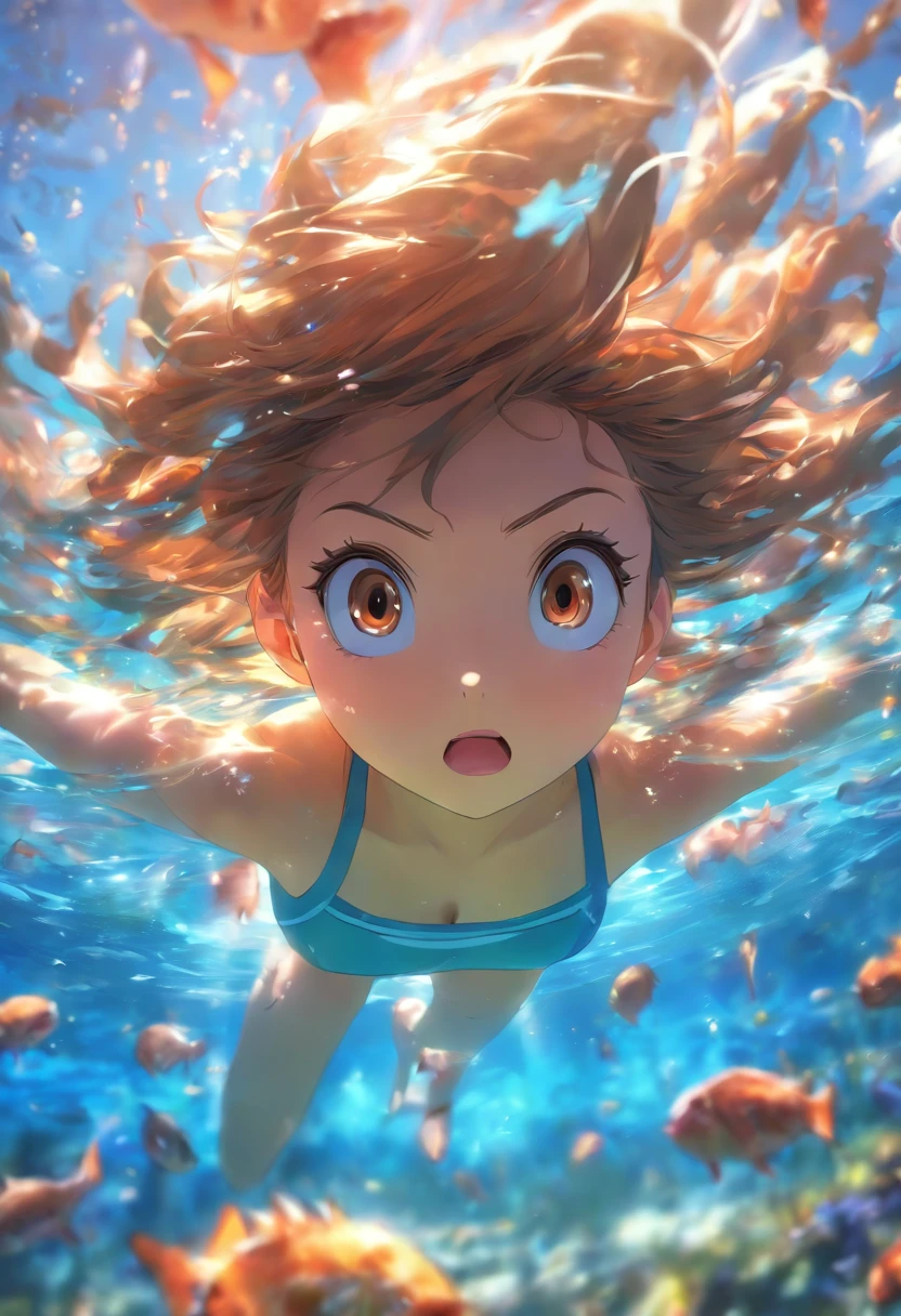 (ultra detalhes) (olhos detalhados) (sem desfoque) pele escura, mulher jovem, cabelos grisalhos, cabelos longos, messy hair, orelhas de lobo, cauda de lobo, olhos azuis, submerged in water, holding your breath, bikini blue