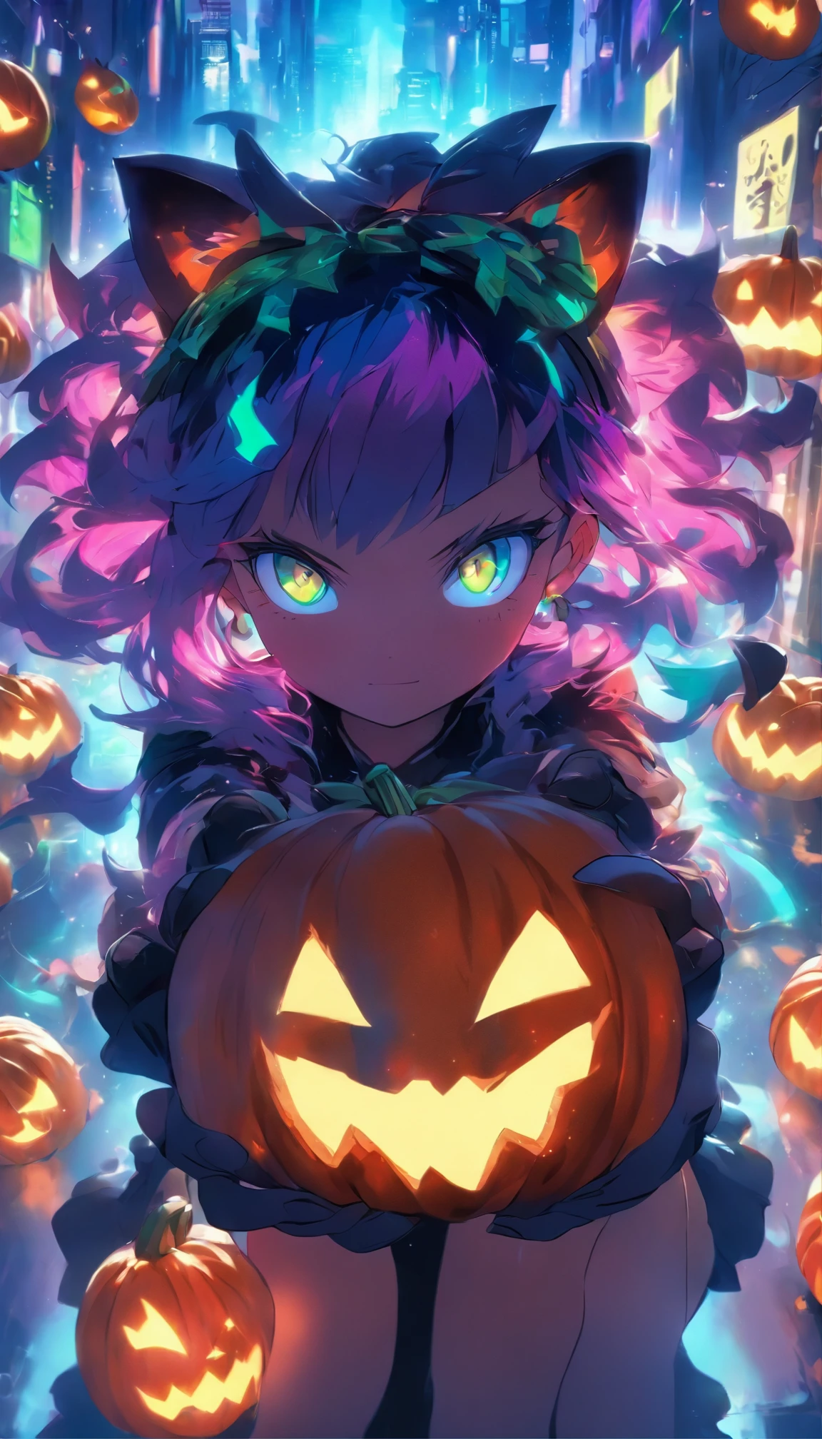 a girl holding a pumpkin in front of her face, glowing eyes, purple hair, neon, iridicent colors turquoise and purple and green glowing colors anime art wallpaper 8 k, anime art wallpaper 4 k, anime art wallpaper 4k, anime style 4 k, 4k anime wallpaper, anime wallpaper 4 k, anime wallpaper 4k, 4 k manga wallpaper, cute anime catgirl, beautiful anime catgirl, anime girl with cat ears