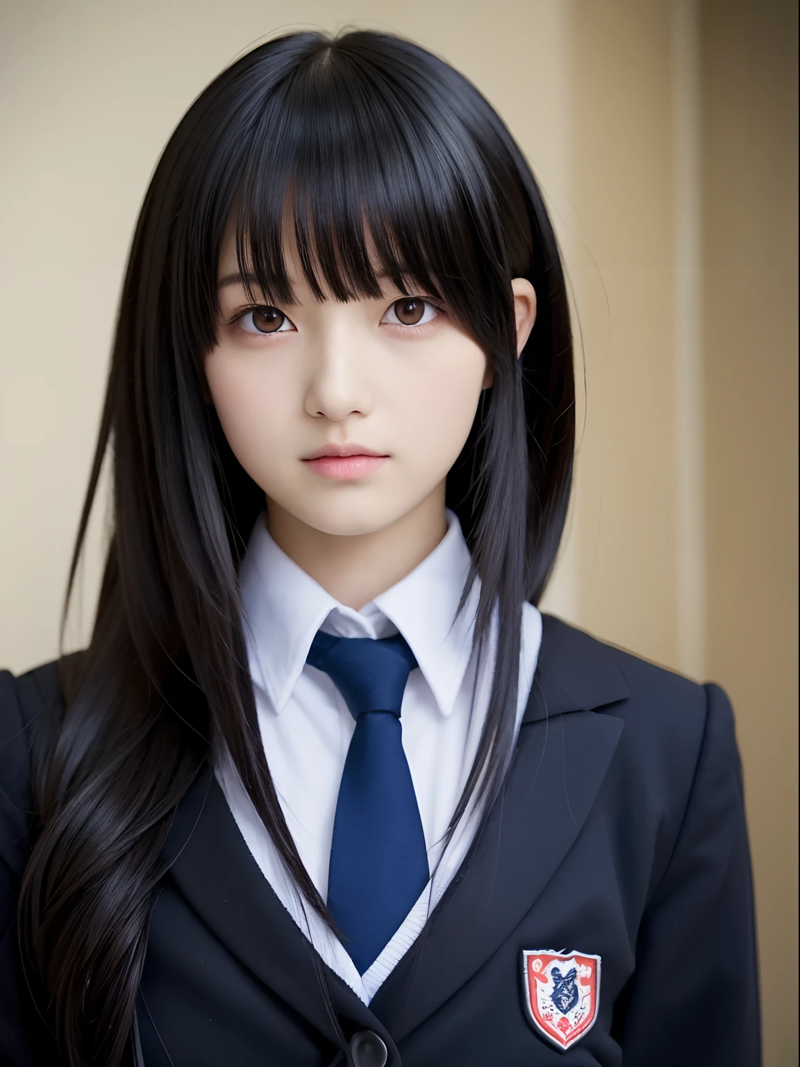 (Best Quality, masutepiece:1.2), 1 girl, Solo, black hair,Eyes with beautiful details,(school uniform),The upper part of the body,Bangs,ear, yellow eyes, reb ribbon tie, long hair