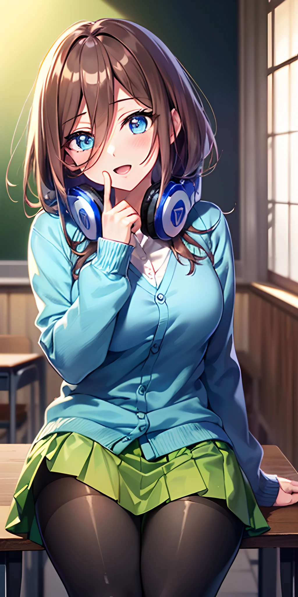 masutepiece, Best Quality, (Very detailed CG Unity 8K wallpaper) (Best Quality), (Best Illustration), (Best Shadows), Miku Nakano, Brown hair, Blue eyes, classroom, Beautiful detailed eyes, looking at viewer,((Blue Cardigan)),((Short green pleated skirt)),((Black pantyhose)),evil smile,head tilt,finger to mouth,open mouth out