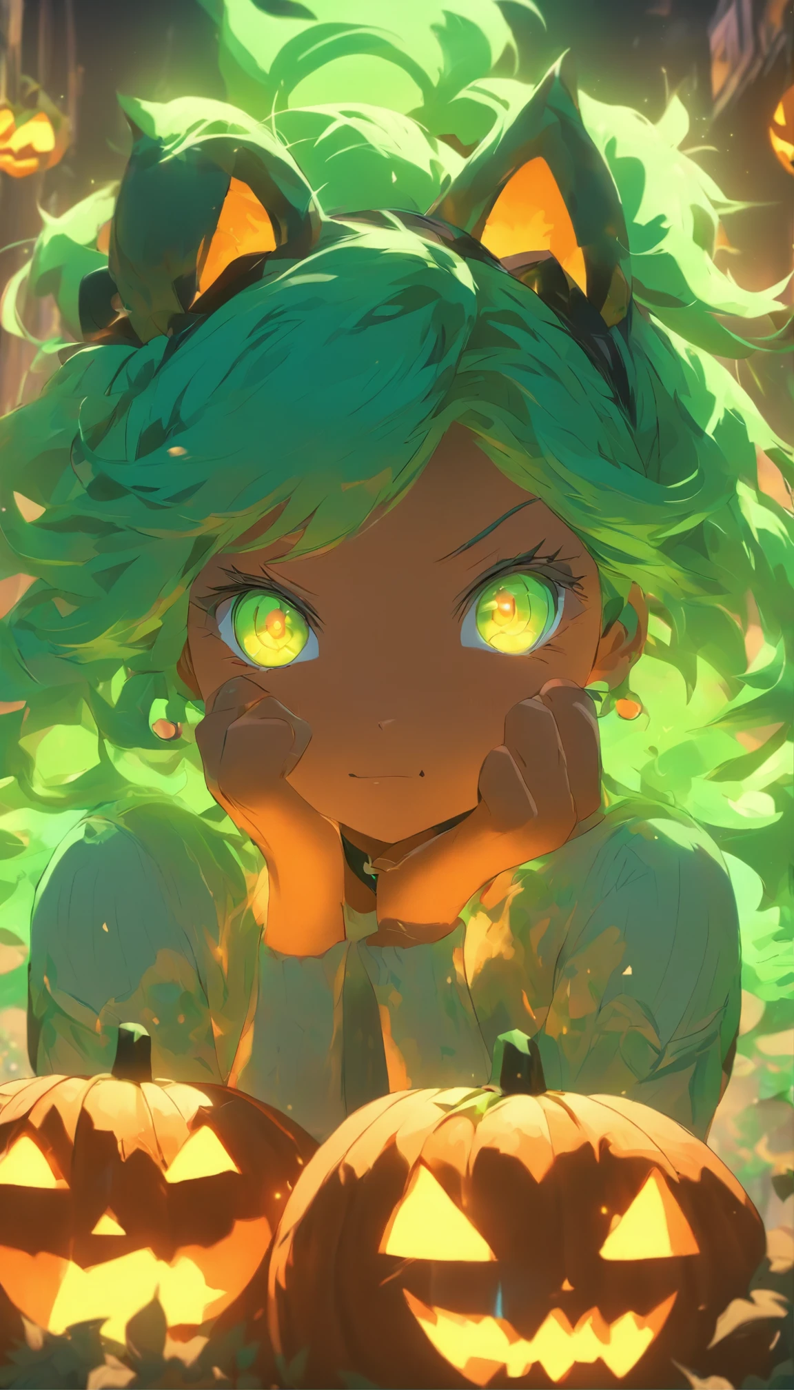 a girl holding a pumpkin in front of her face, glowing eyes, purple hair, green pumpkin, iridicent colors turqoise and purple glowing colors anime art wallpaper 8 k, anime art wallpaper 4 k, anime art wallpaper 4k, anime style 4 k, 4k anime wallpaper, anime wallpaper 4 k, anime wallpaper 4k, 4 k manga wallpaper, cute anime catgirl, beautiful anime catgirl, anime girl with cat ears