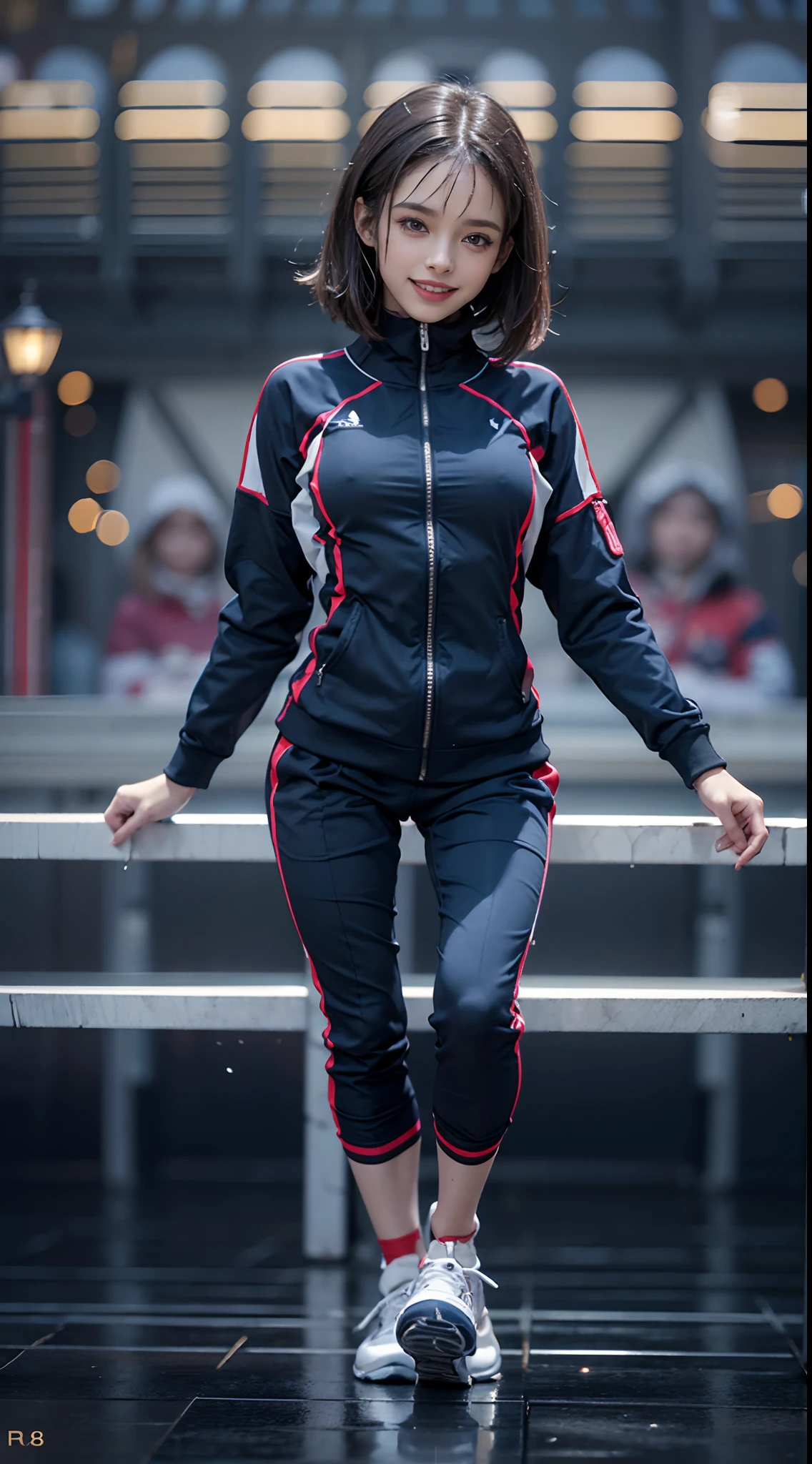 (NSFW), 1womanl, Solo, 24 year old, 7headed body, (cute face), (Ideal ratio body proportions), a park, ((Upper body tracksuit)), ((Lower body tracksuit)), ((Buttocks close up)), Smiling smile, erectile nipple, Sexy body, Wet, short-hair, Dark hair, small tits, A slender, Small buttocks, beauty legs, Skinny Legs, surrealism, Cinematic lighting, depth of fields, One-person viewpoint, F/1.8, 135 mm, nffsw, masutepiece, ccurate, ((Anatomically correct)), Textured skin, Super Detail, high details, High quality, awardwinning, Best Quality, hight resolution, 8K